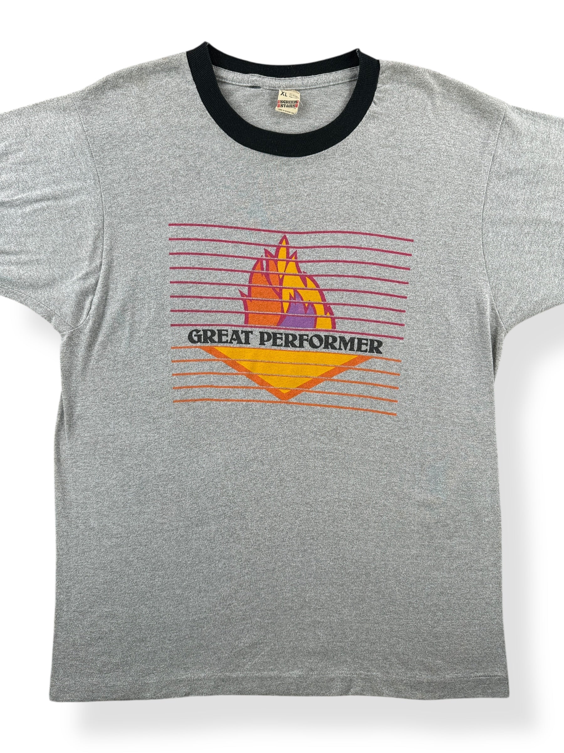 Front Close Up of Vintage Great Performer Ringer Tee SZ L