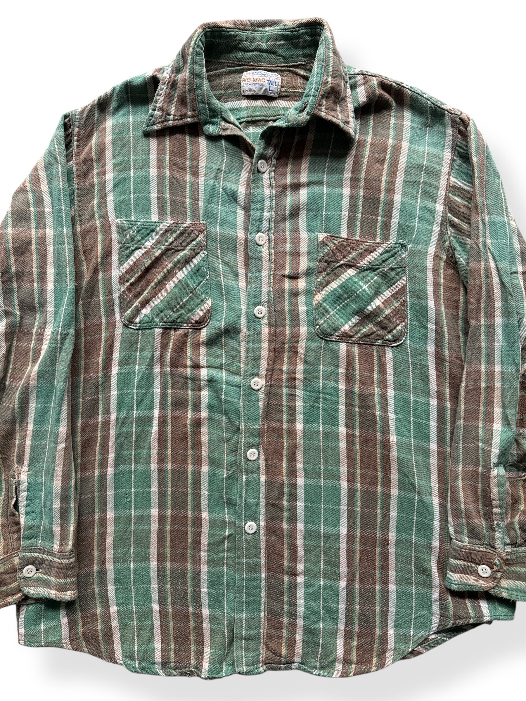 Front Close Up of Vintage Thrashed Big Mac Cotton Flannel SZ L Tall