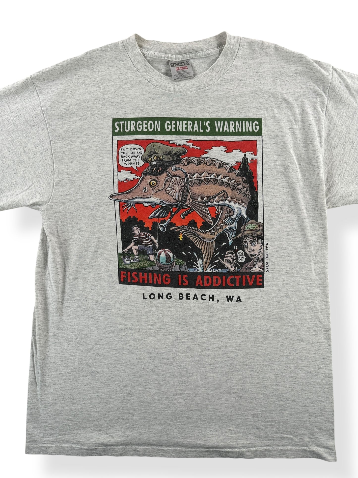 Front Close Up of Vintage Ray Troll Sturgeon General Tee SZ XL