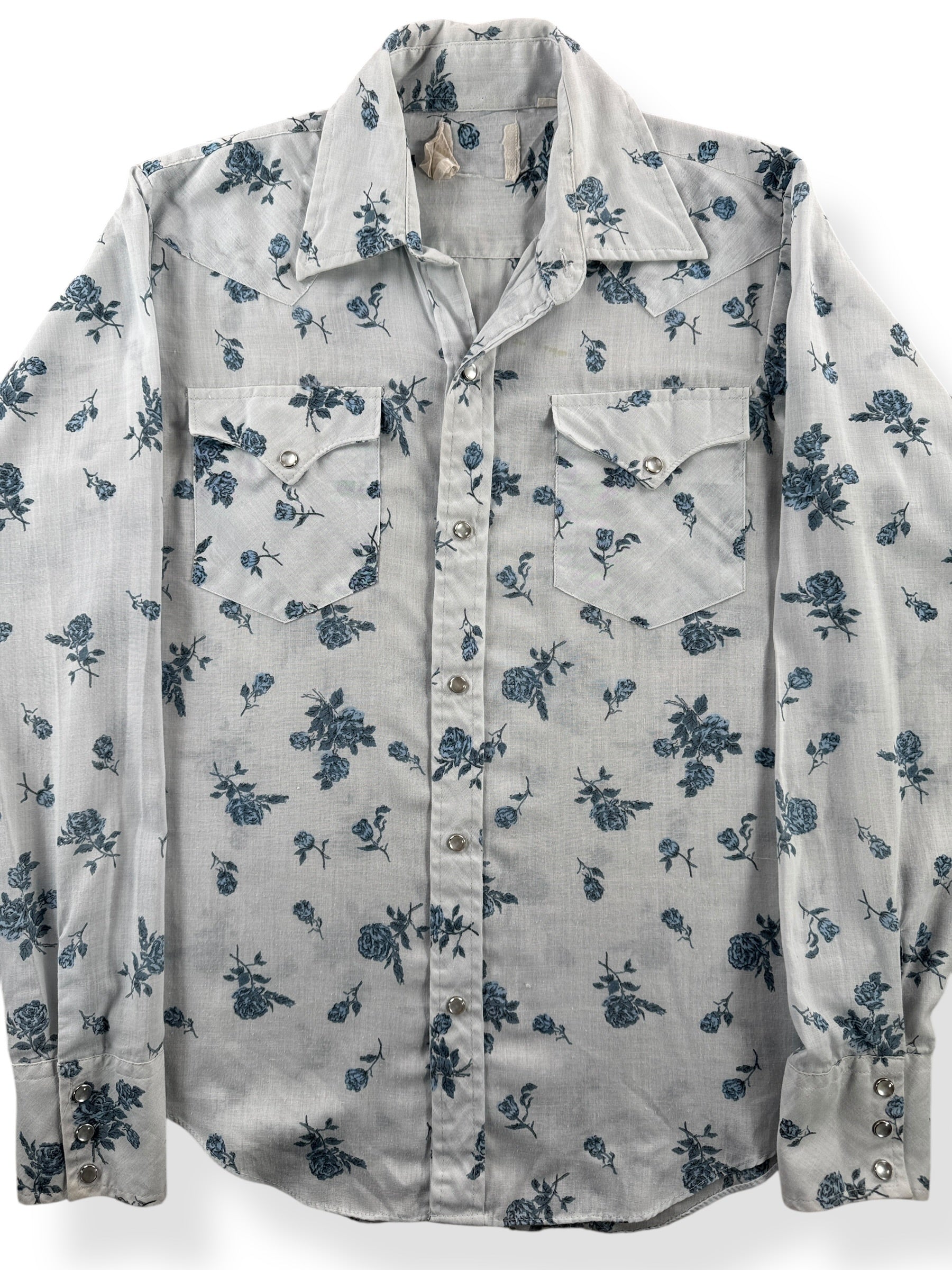 Front Close Up of Vintage Miller Baby Blue Floral Pearl Snap Shirt SZ S