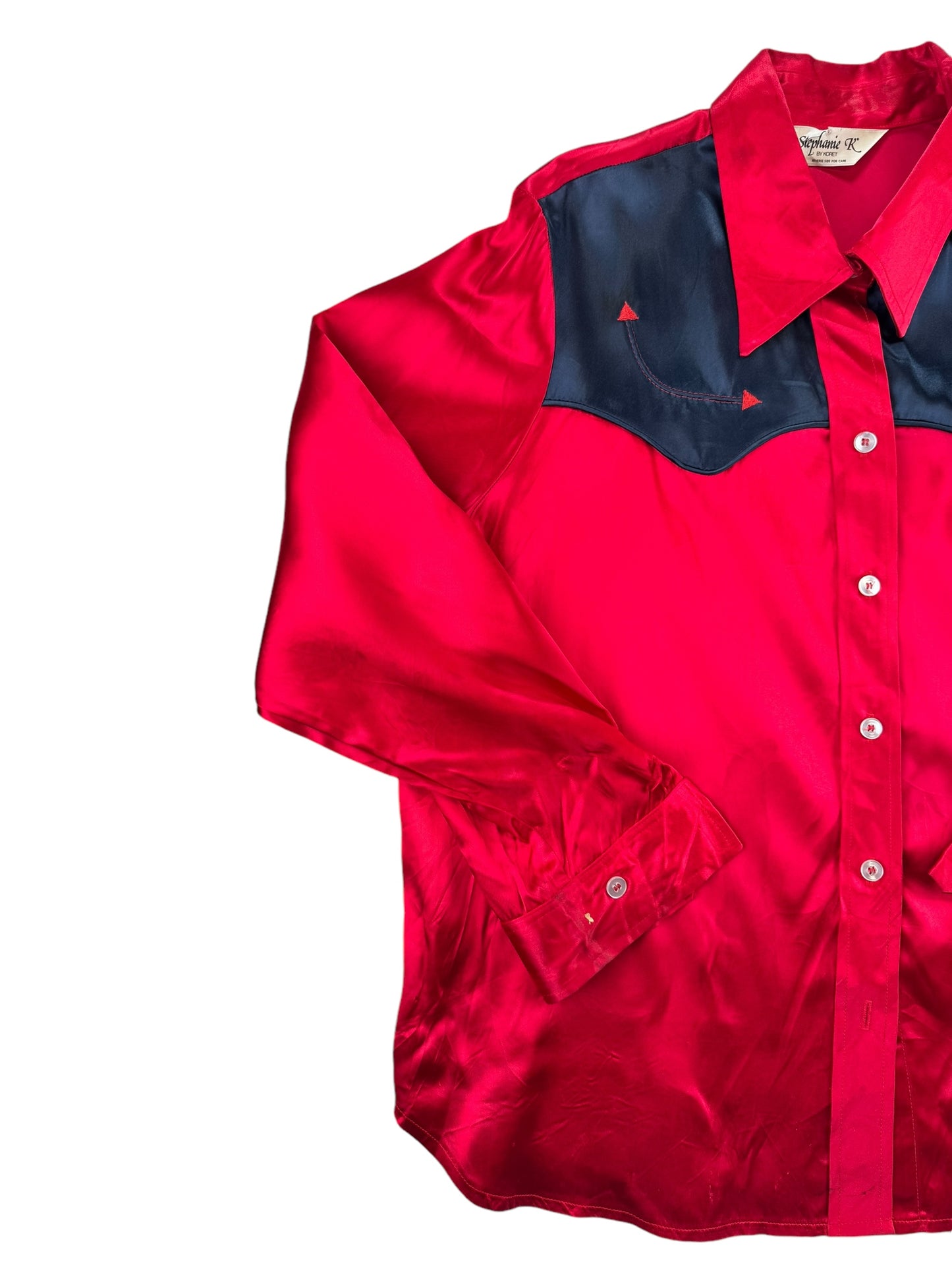 Front right side of 1980s Red and Black Satin Western Pearl Snap Shirt XL