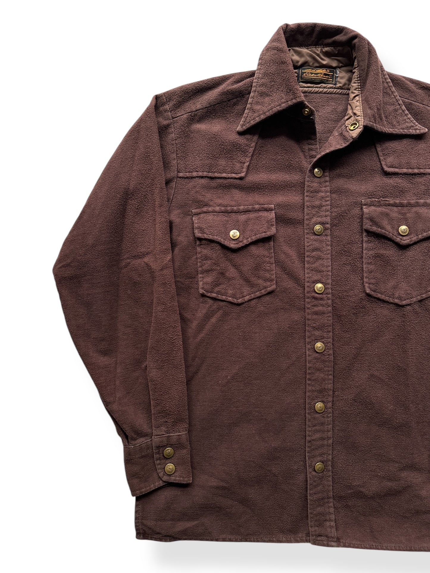 Front Right of Vintage Eddie Bauer Chocolate Moleskin Shirt SZ M