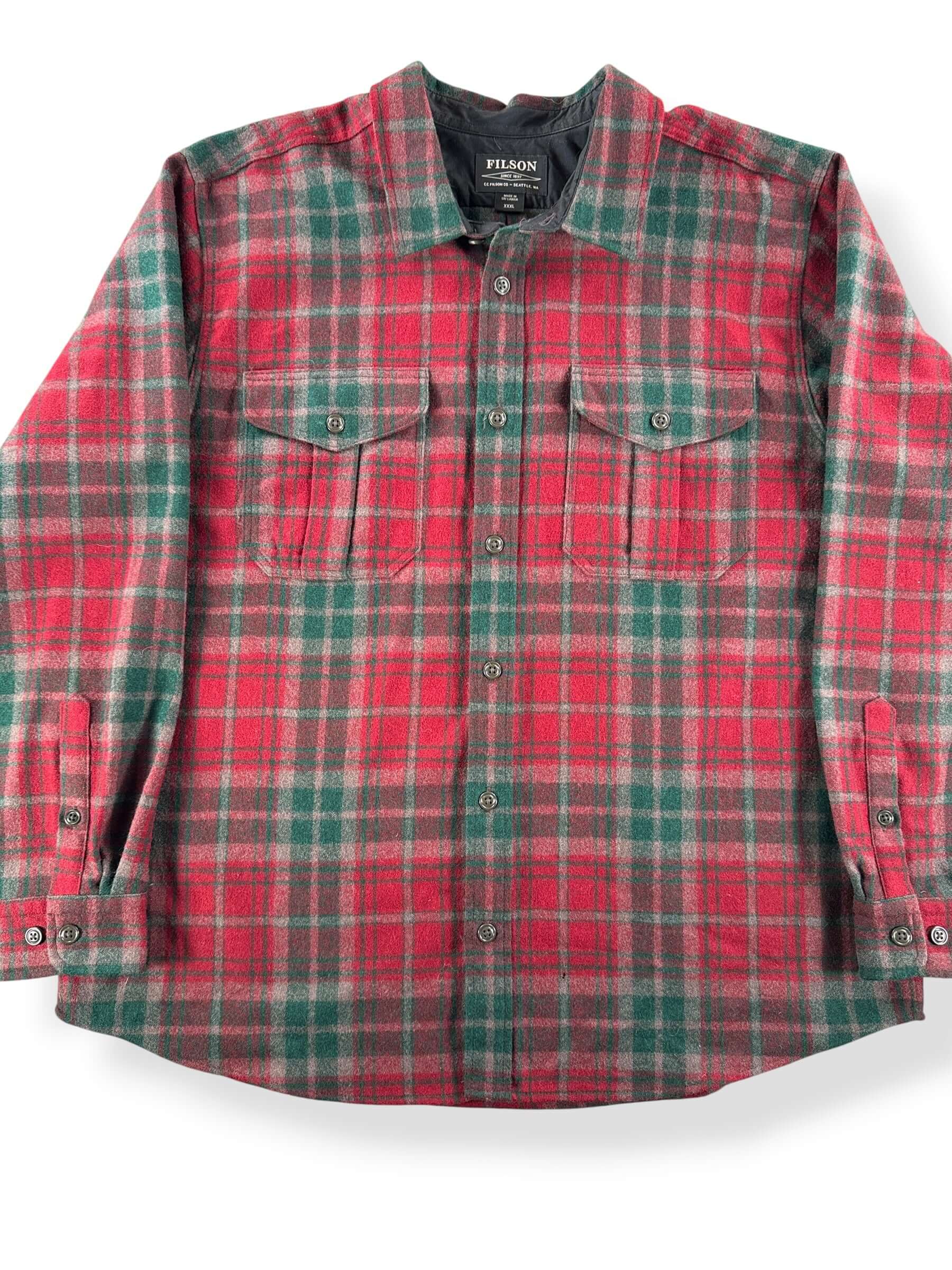 Front Close Up of Filson Green & Maroon Flannel SZ XXXL
