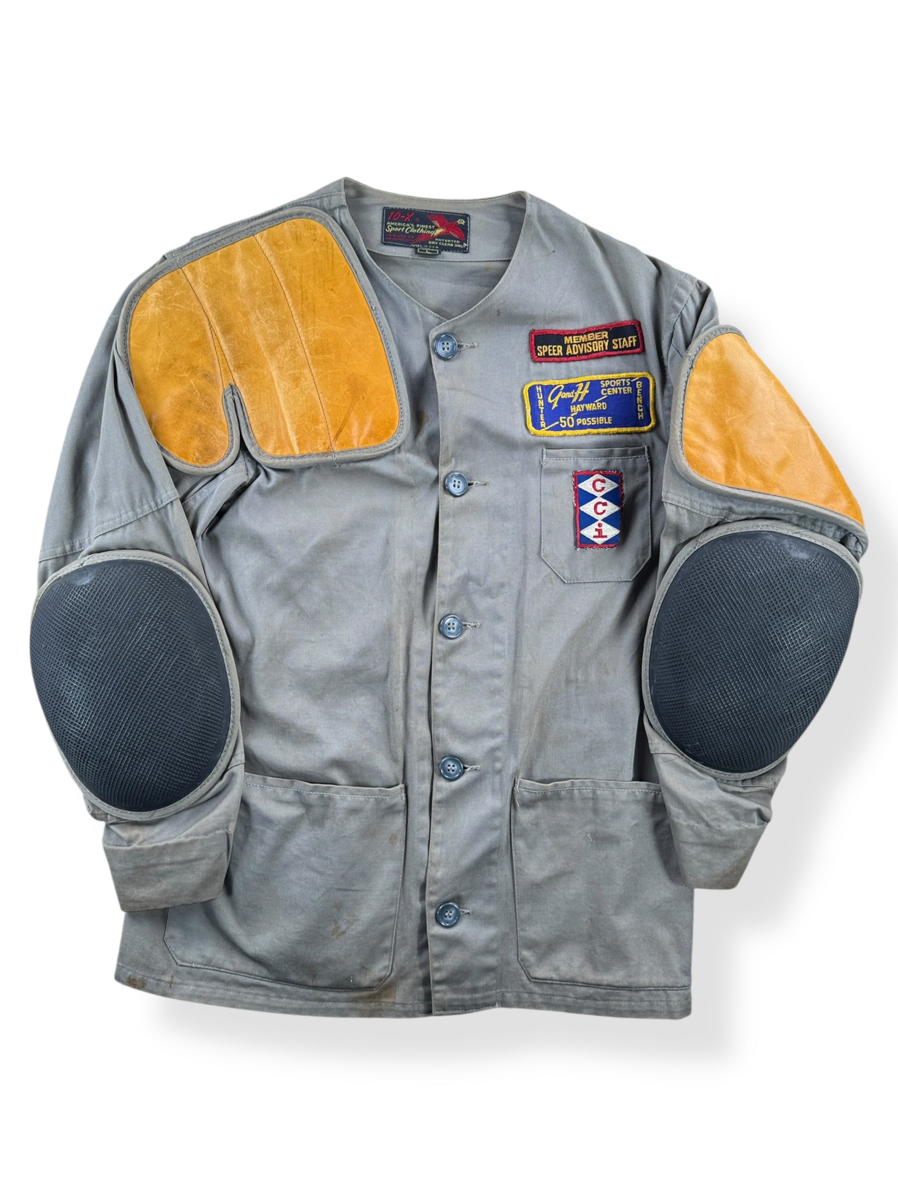 Front of Vintage 10-X Shooting Jacket w/ Patches SZ L (Fits S)