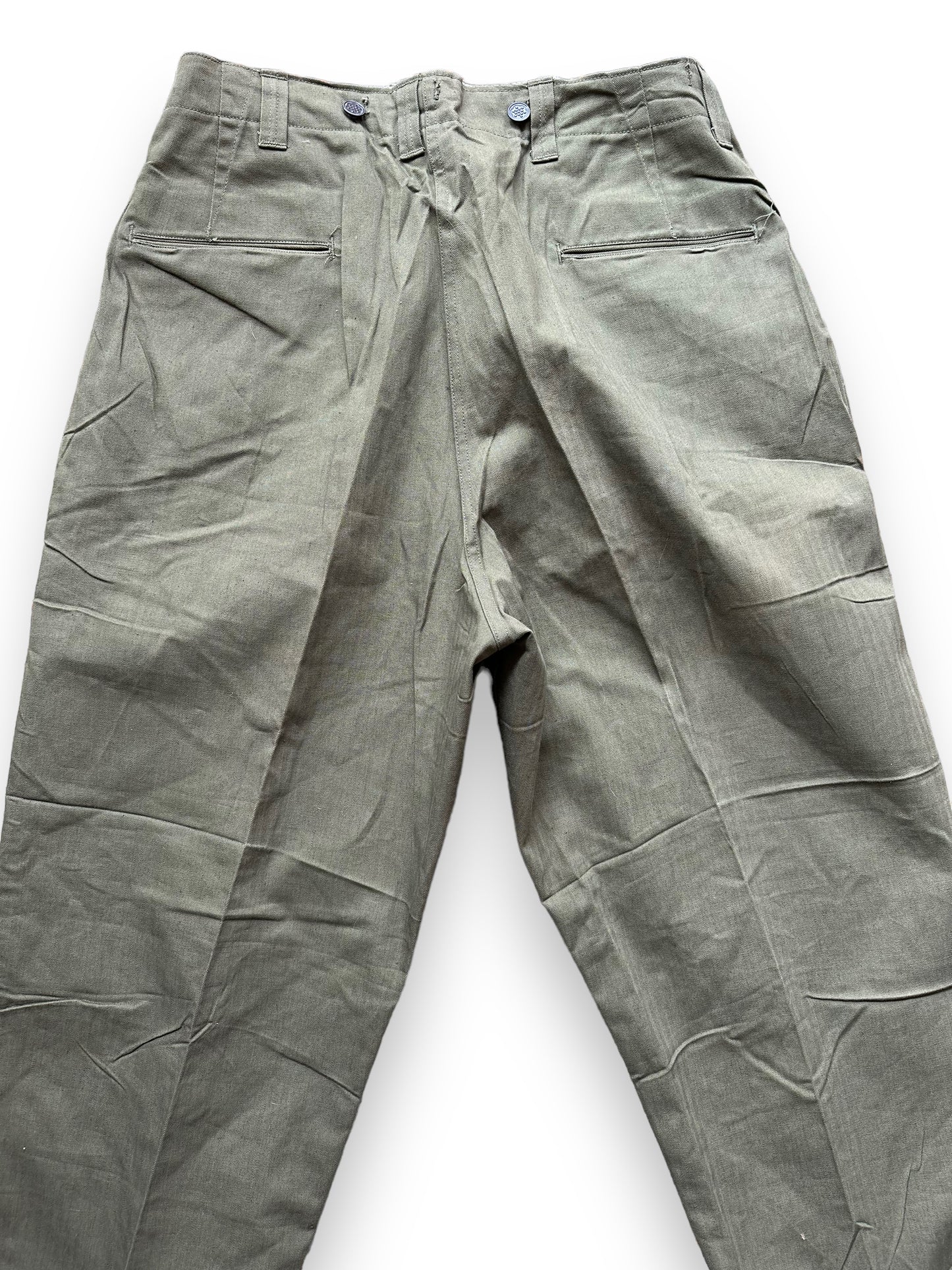 Upper Rear View of Vintage WWII M-43 HBT Field Cotton Trousers Olive Drab W34 | Barn Owl Vintage Seattle | Vintage Military Trousers Seattle