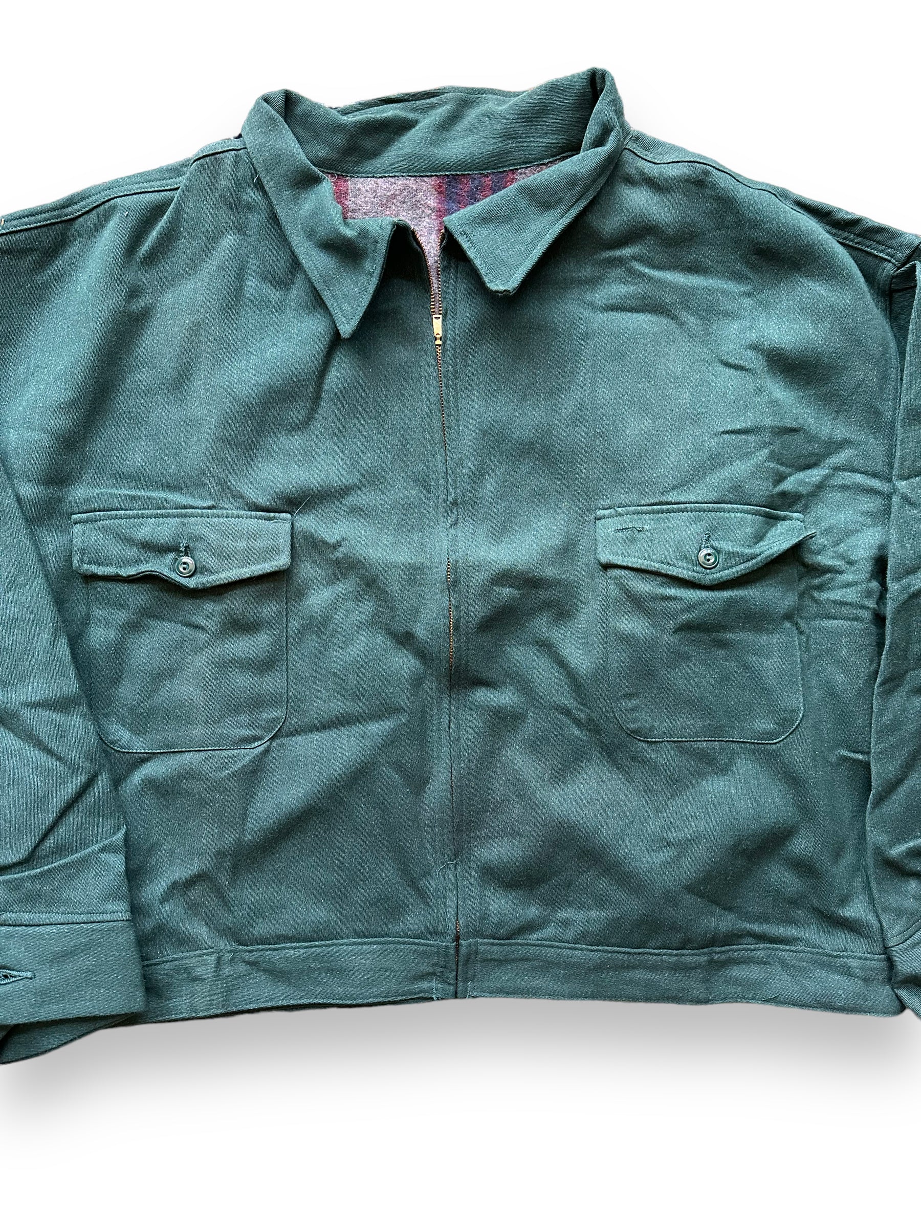 Front Detail on Vintage Green Blanket Lined Gas Station Jacket SZ 56 | Vintage Workwear Jacket Seattle | Seattle Vintage Clothing