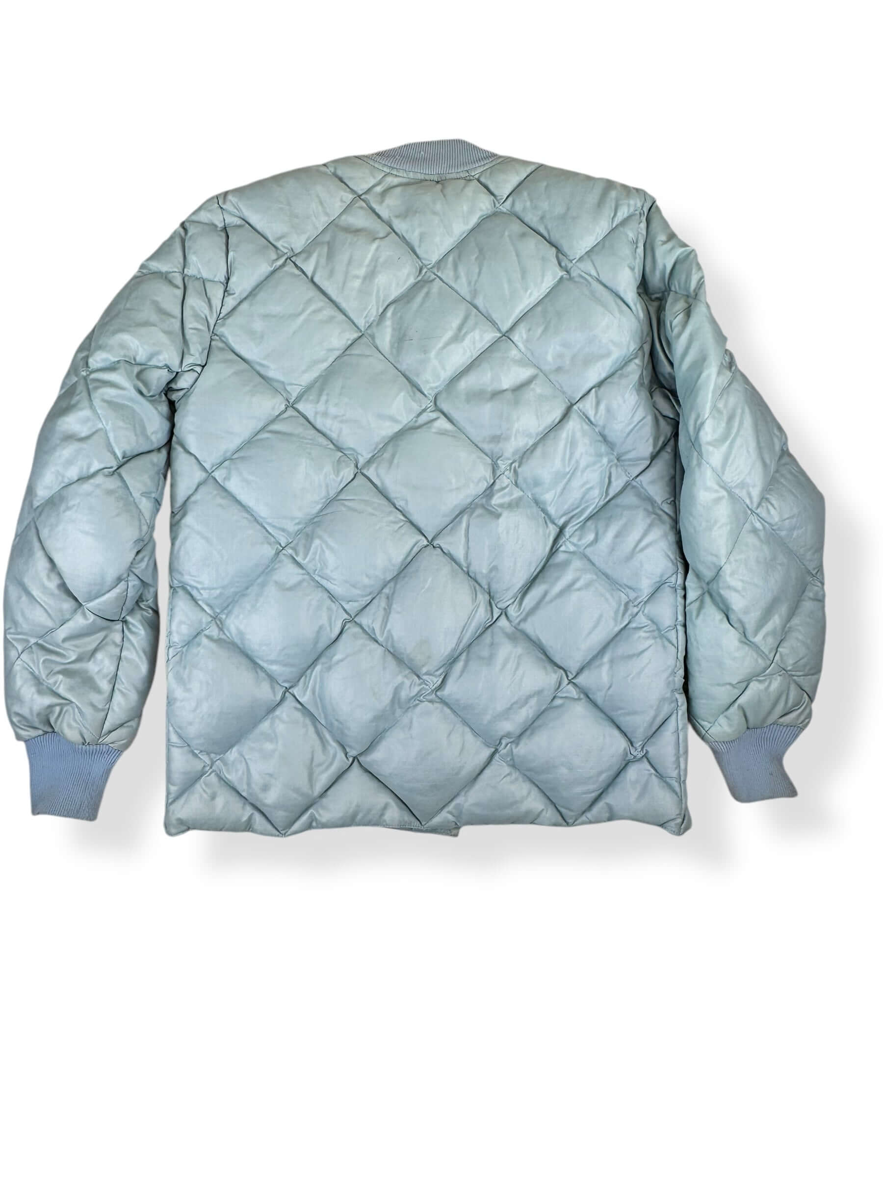 Back view of 80s Eddie Bauer Pale Blue Quilted Puffer Jacket M