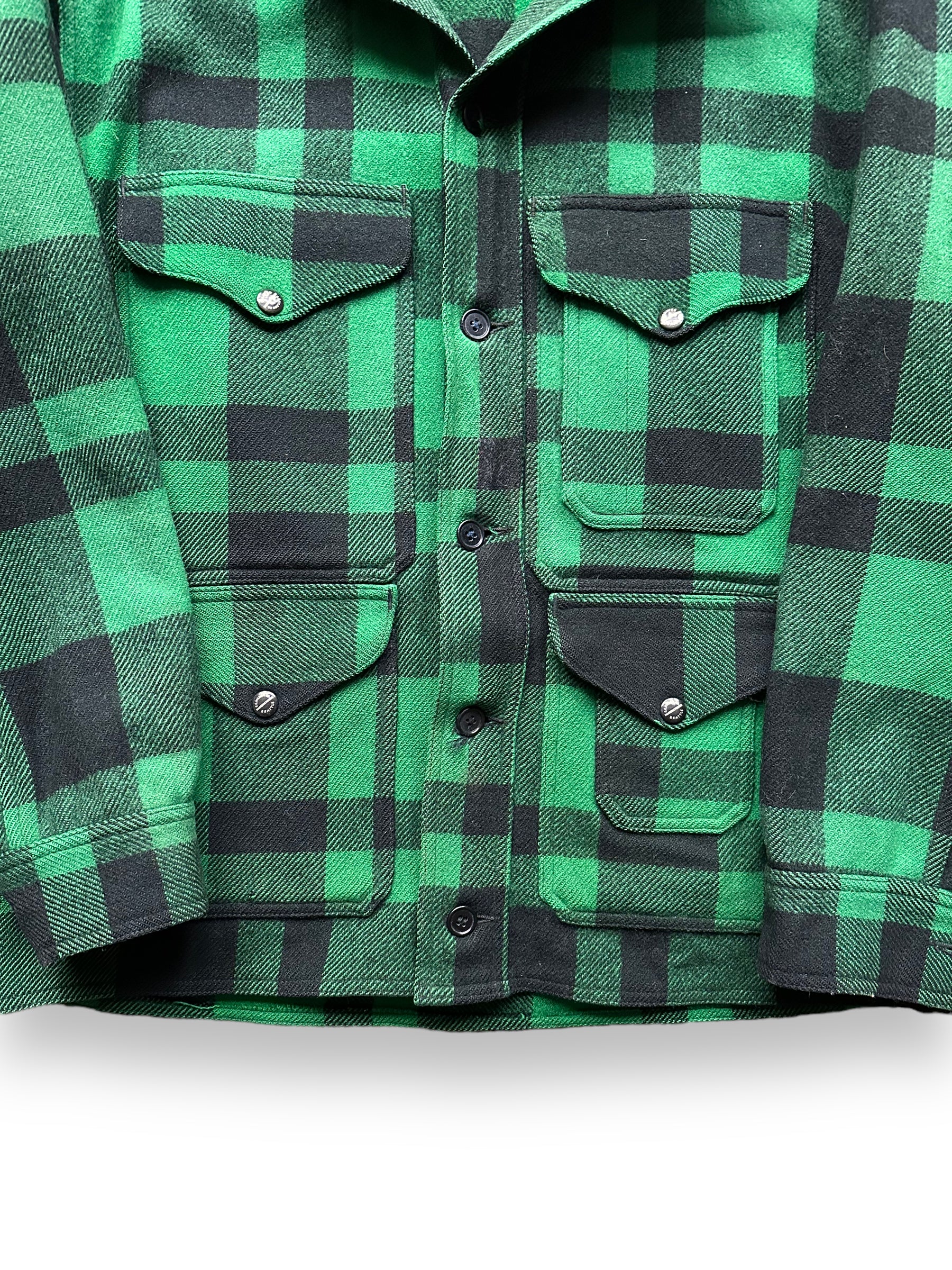 Lower Front View of Vintage Union Made Filson Green & Black Mackinaw Coat SZ 44 |  Vintage Filson Workwear Seattle | Vintage Clothing Seattle