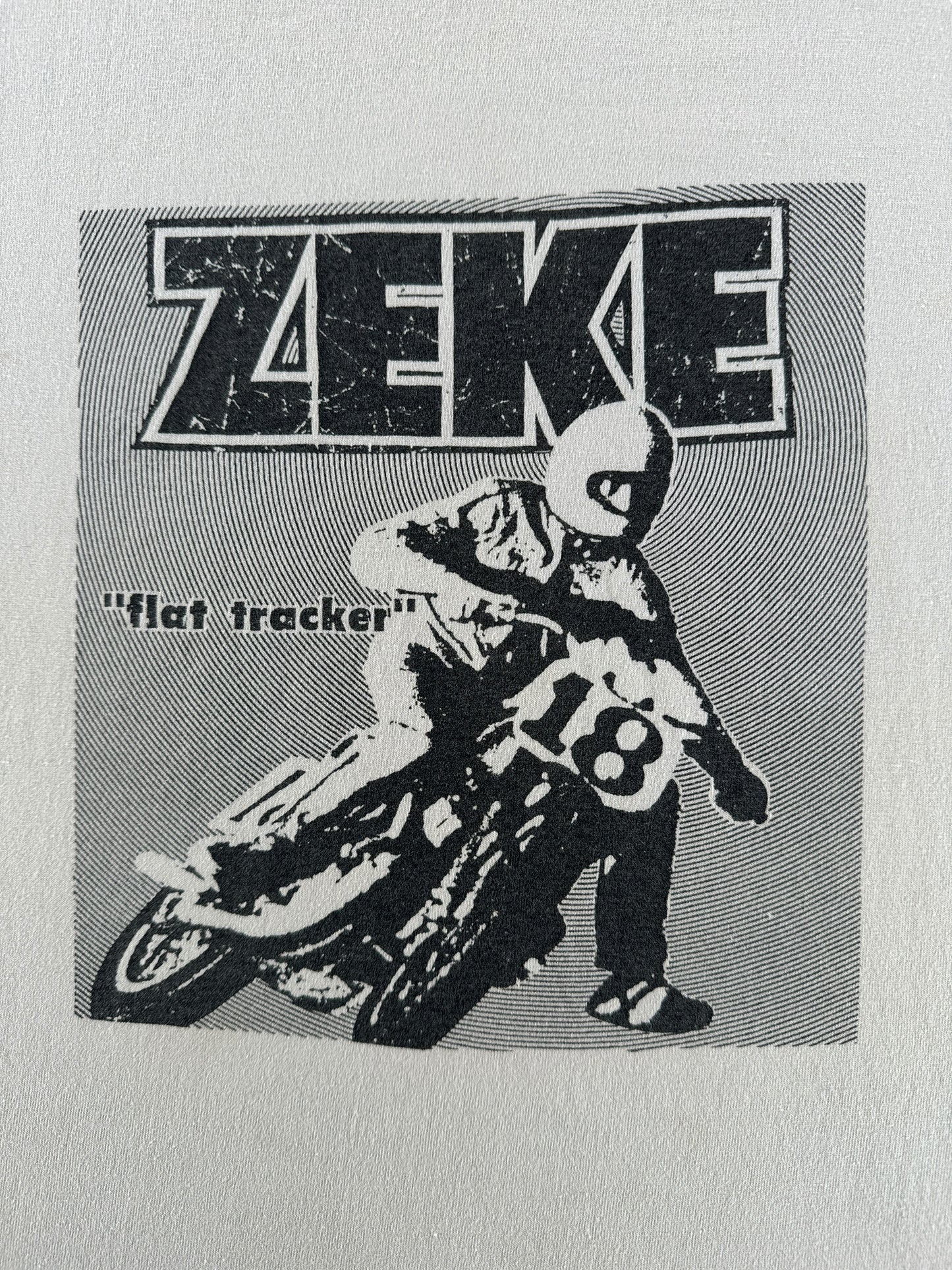 Front Graphic of Vintage Zeke "Flat Tracker" Ringer Tee SZ XL