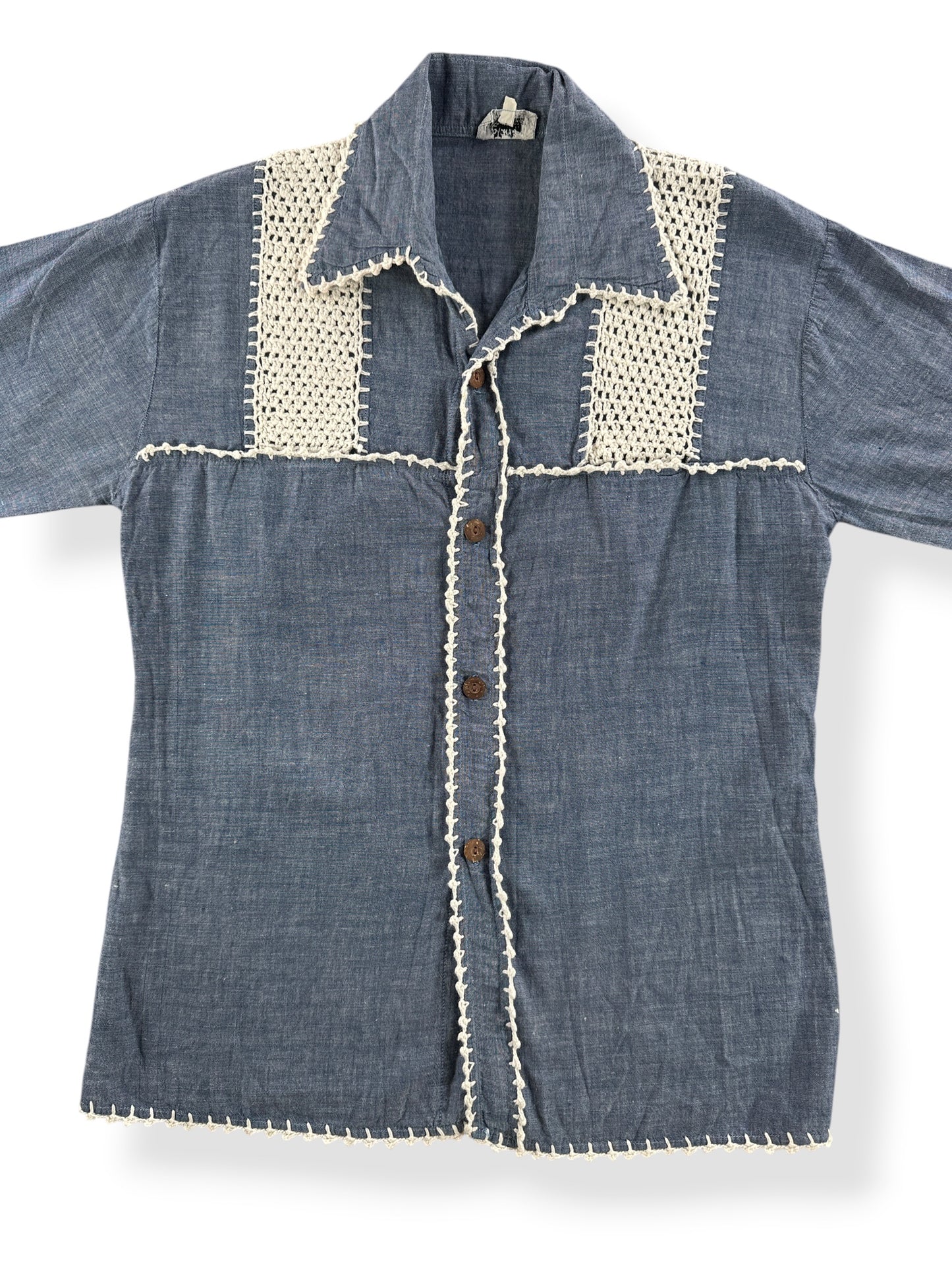 Close up front of Vintage 70s Chambray Crocheted Shirt SZ S