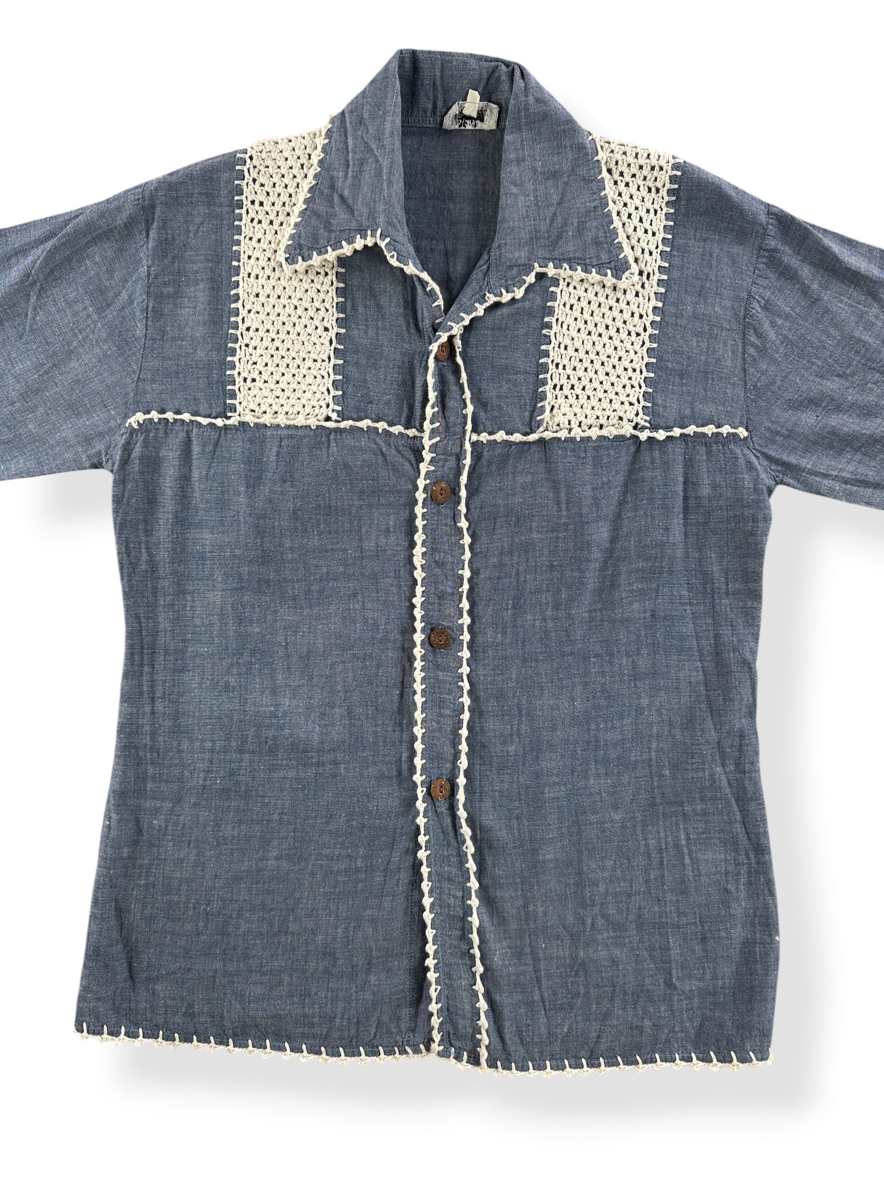 Close up front of Vintage 70s Chambray Crocheted Shirt SZ S