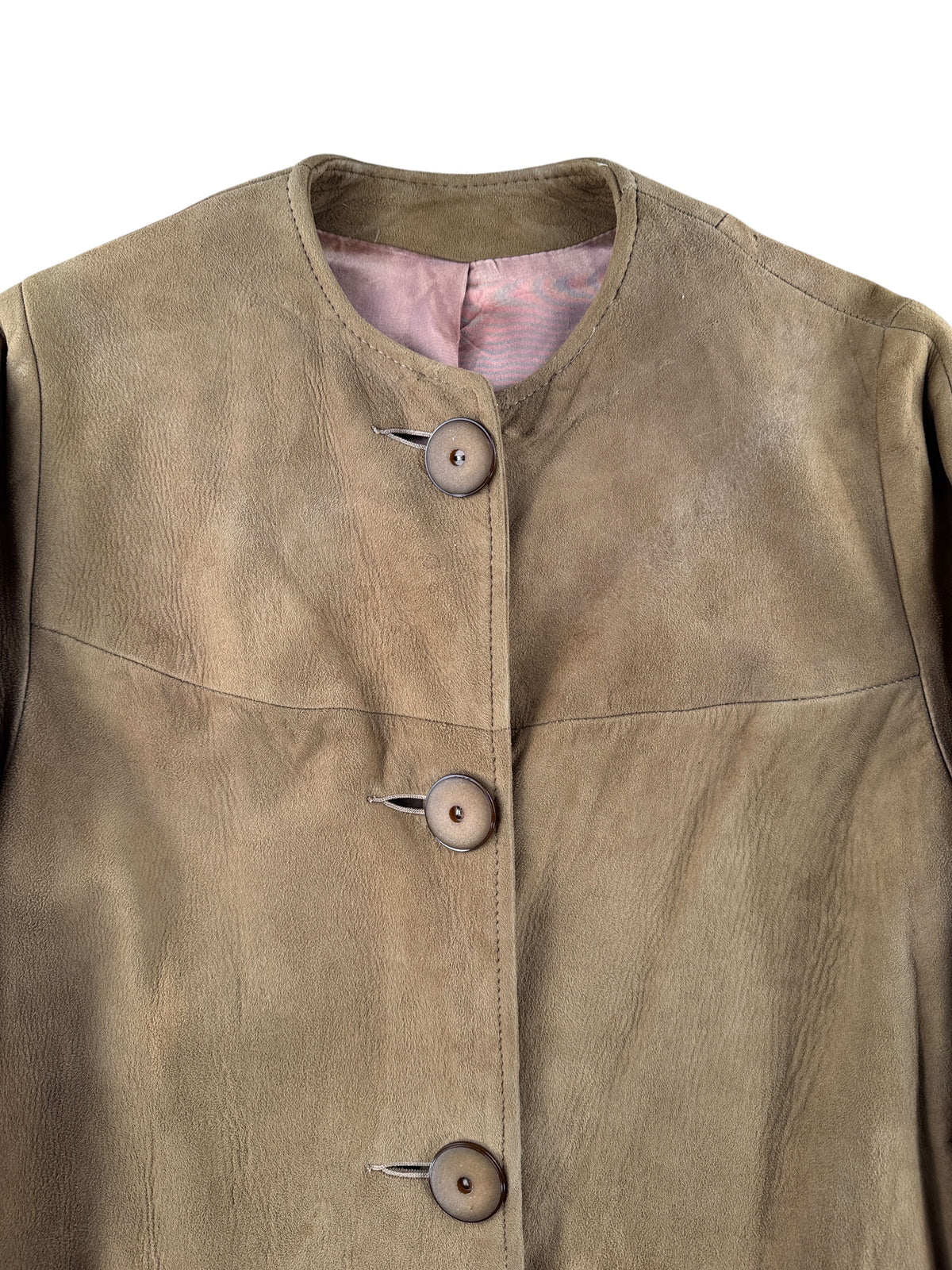 Front Close Up of Vintage 60s Suede Coat SZ S - AS IS