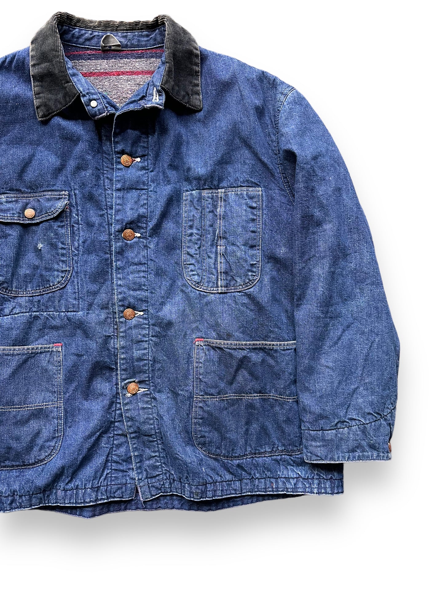 Front Left View on Vintage Blue Bell Blanket Lined Denim Chore Coat SZ 46 | Seattle Vintage Workwear | Barn Owl Vintage Seattle