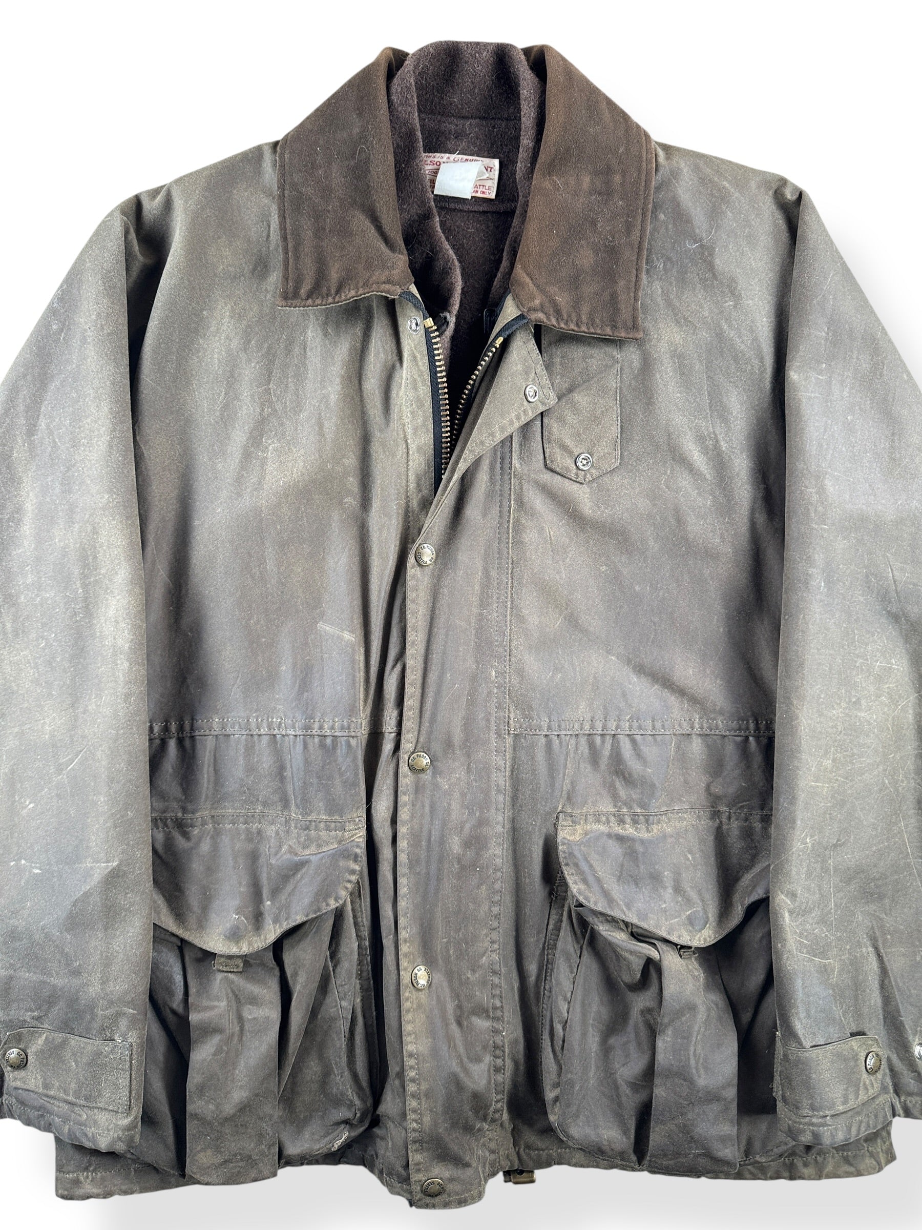 Front Close Up of Filson Waxed Tin Cloth Field Jacket With Liner SZ L