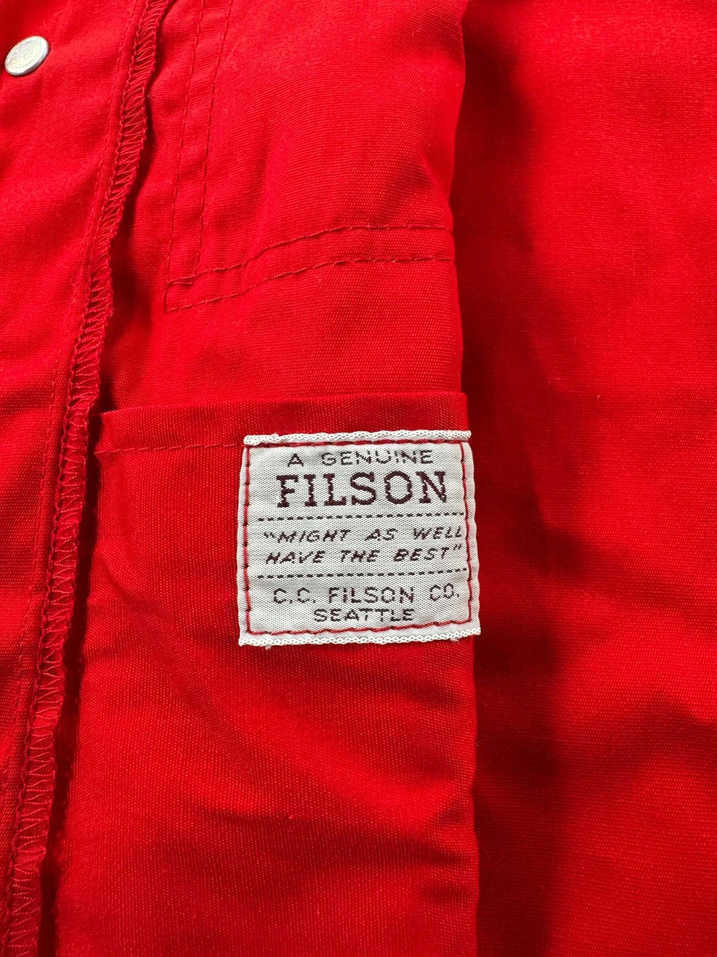 Label on Vintage Red Filson Hunting Vest SZ 44