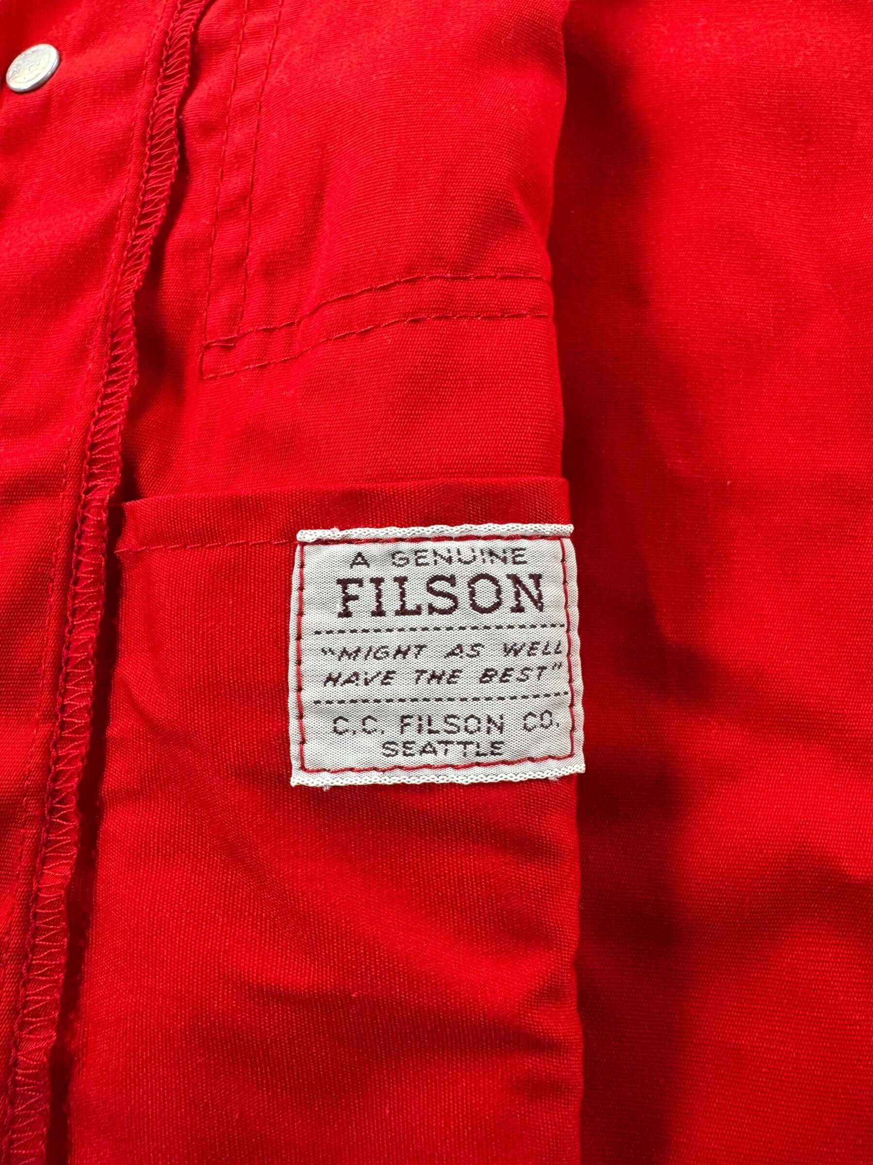 Label on Vintage Red Filson Hunting Vest SZ 44
