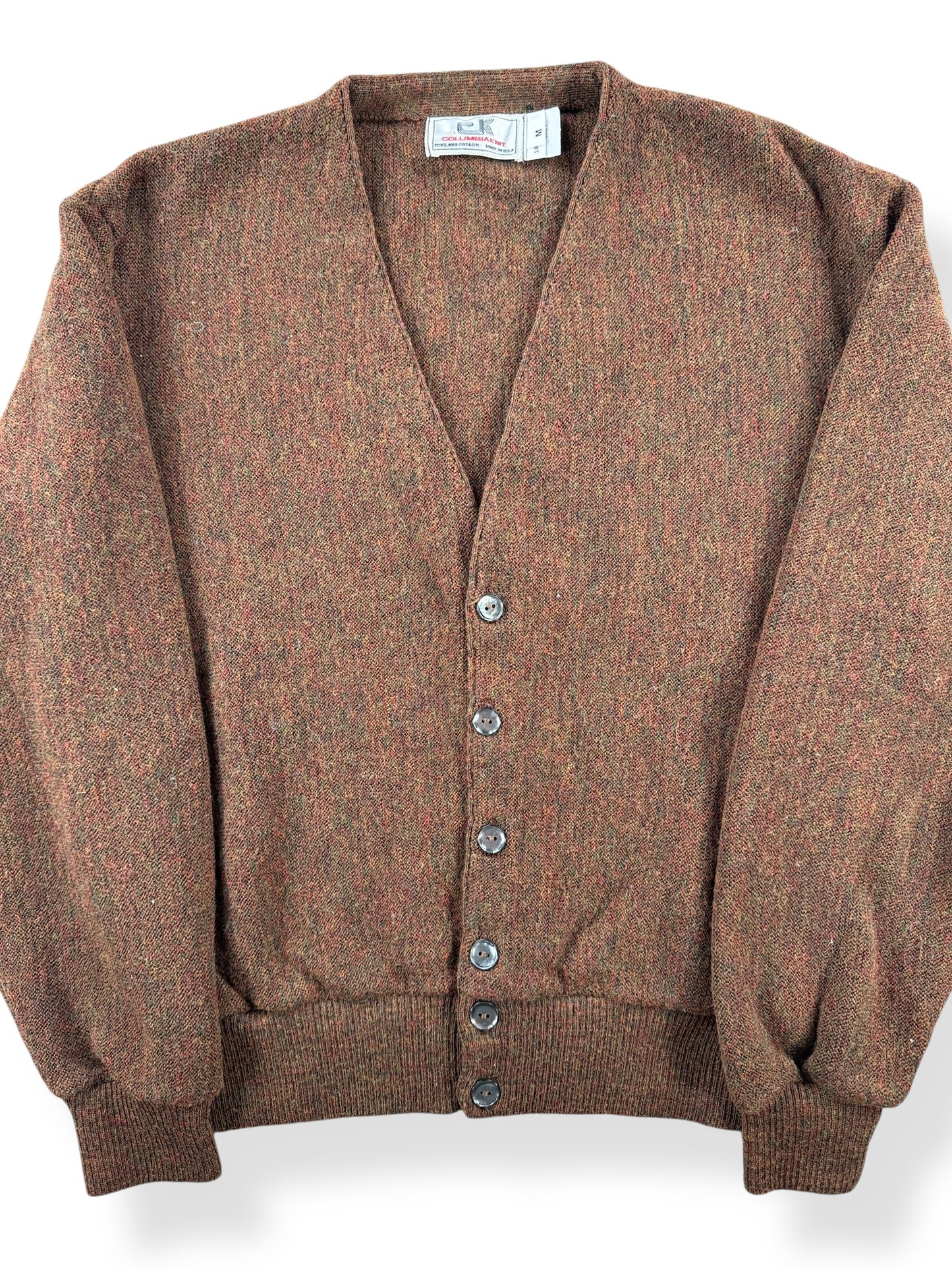 Front Close Up of Vintage Columbia Knit 100% Wool Cardigan SZ M