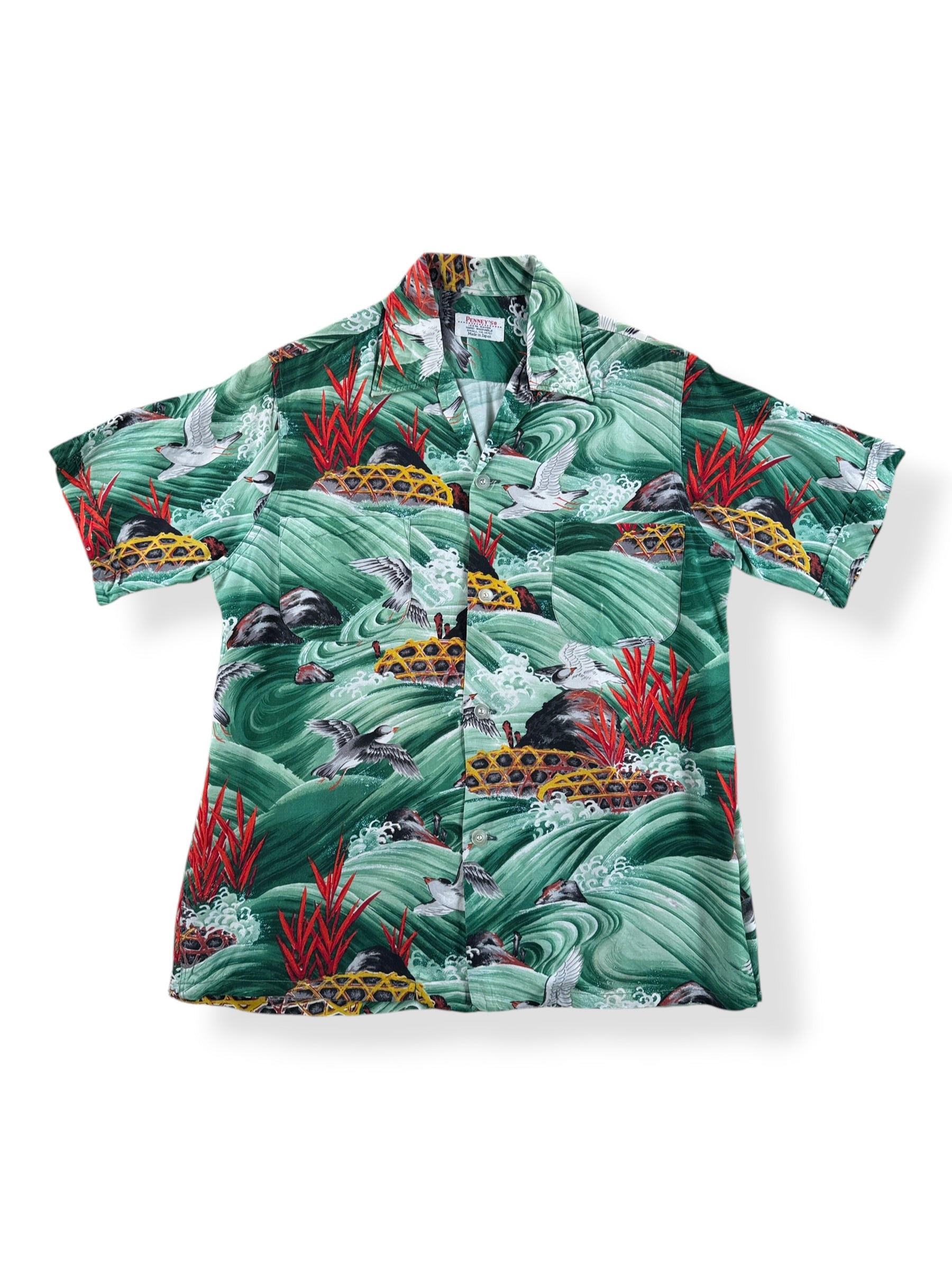 Front of Vintage Penney's Green Sea Bird Aloha Shirt SZ S