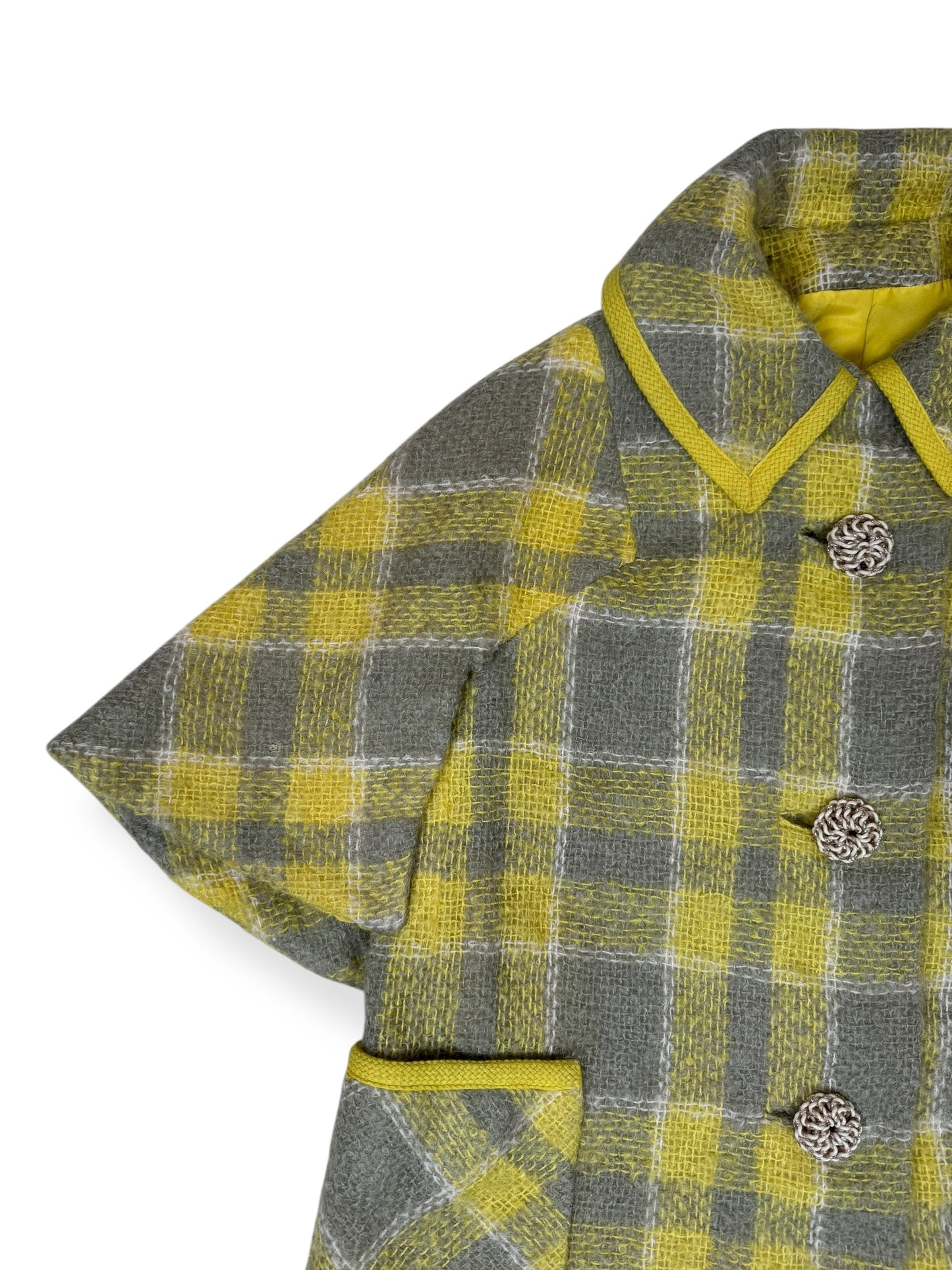 Front right arm of 1960s Yellow/Gray Mohair Capelet Coat L