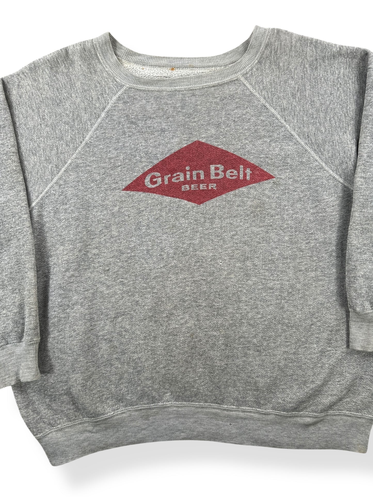 Front Close Up of Vintage Grain Belt Beer Crewneck SZ L