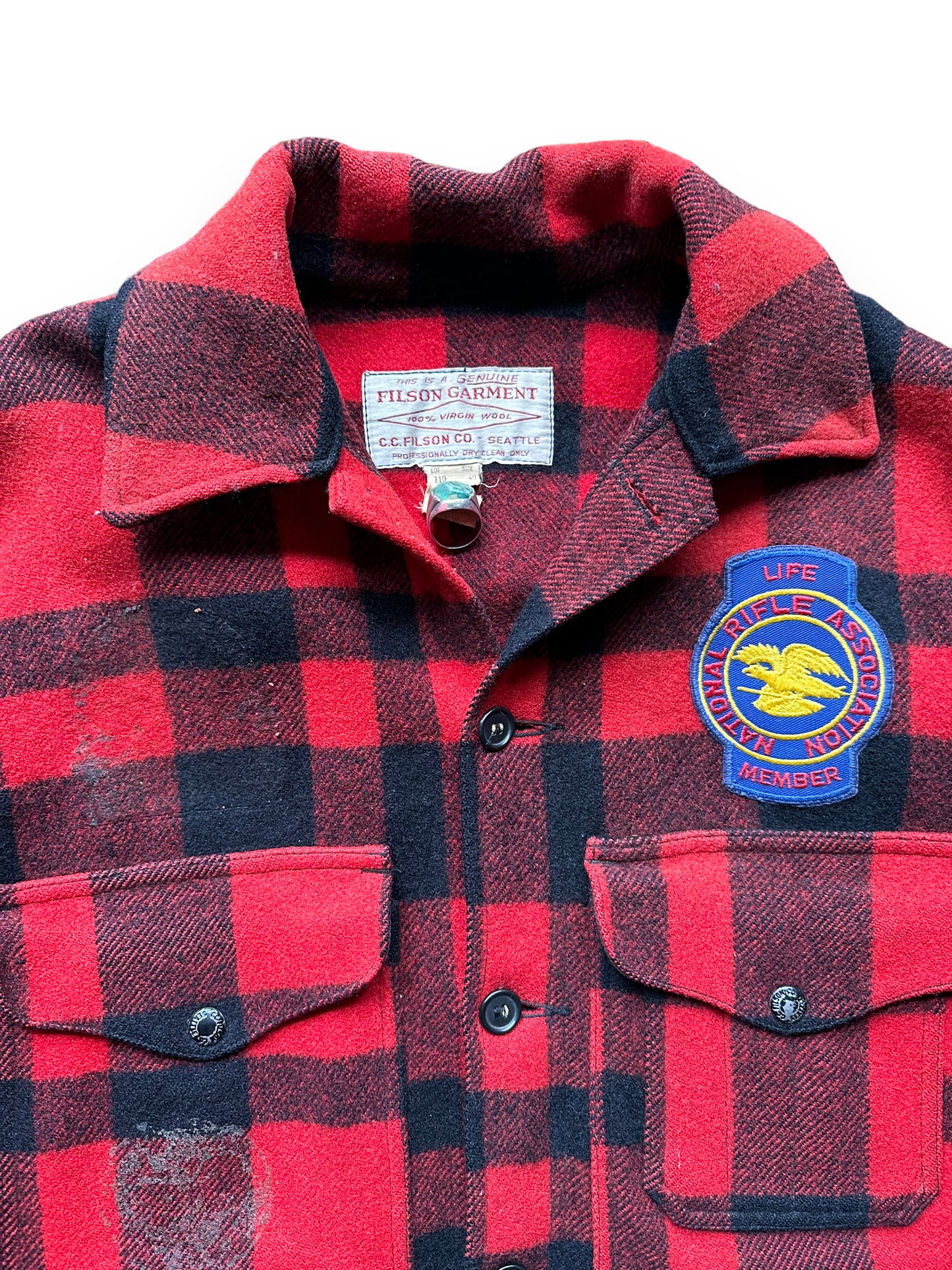 collar of Vintage Filson Mackinaw Jacket with Patches SZ 40 |  Barn Owl Vintage Goods | Vintage Filson Workwear Seattle