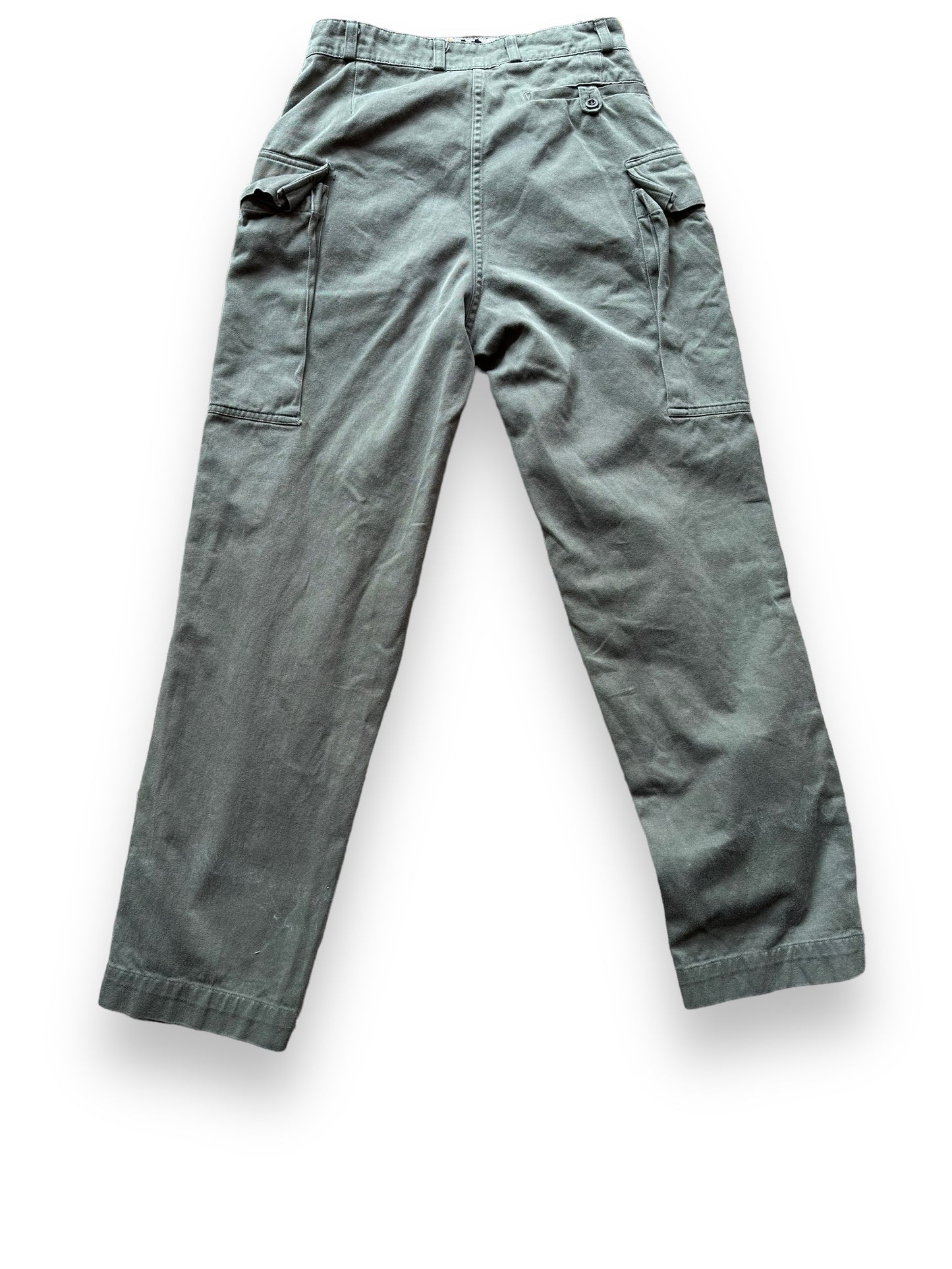 Rear View of Vintage European Workwear Cotton Trousers Olive Drab W28 | Barn Owl Vintage Seattle | Vintage Workwear Trousers Seattle