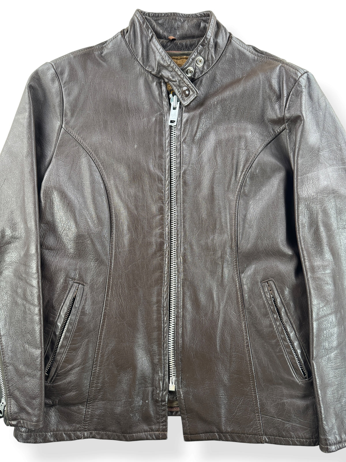 Close-up of Vintage Beau Breed Brown Cafe Racer Jacket SZ 11