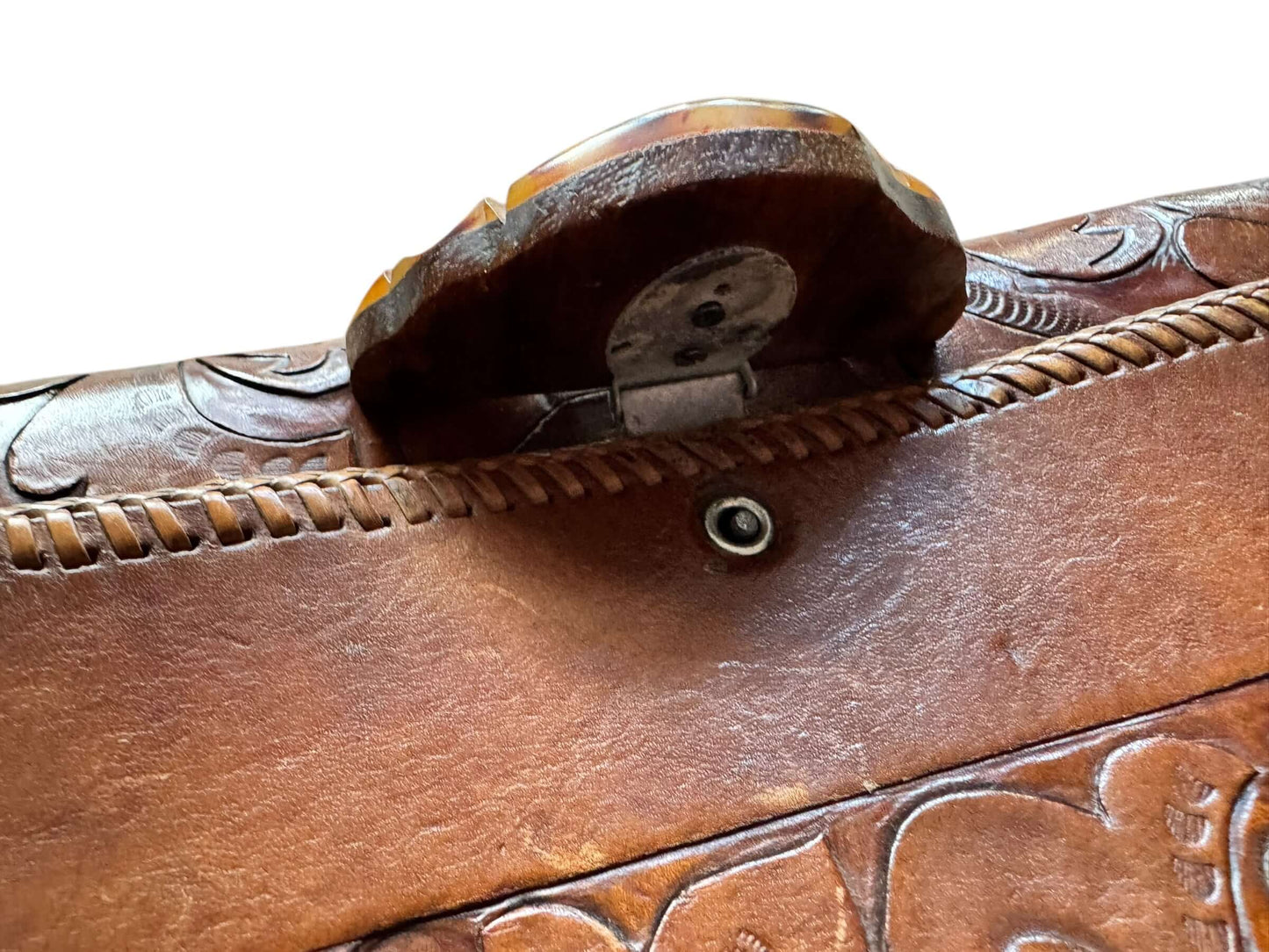 Clasp 1940s Tooled Leather Clutch with Bakelite/Wood Clasp