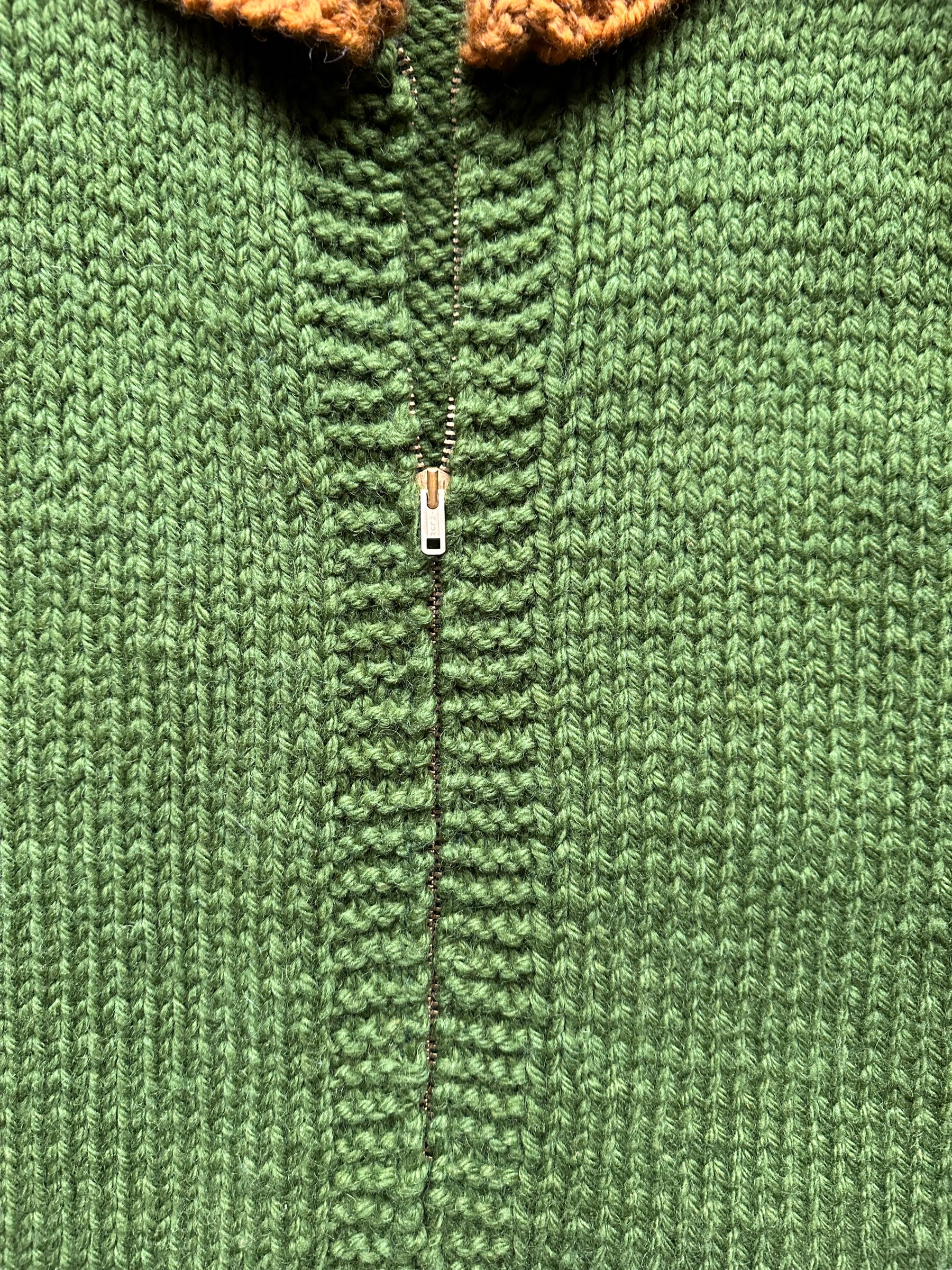 Talon Zip View of Vintage Green and Brown Striped Handknit Sweater SZ L | Vintage Wool Sweaters Seattle | Barn Owl Vintage Seattle