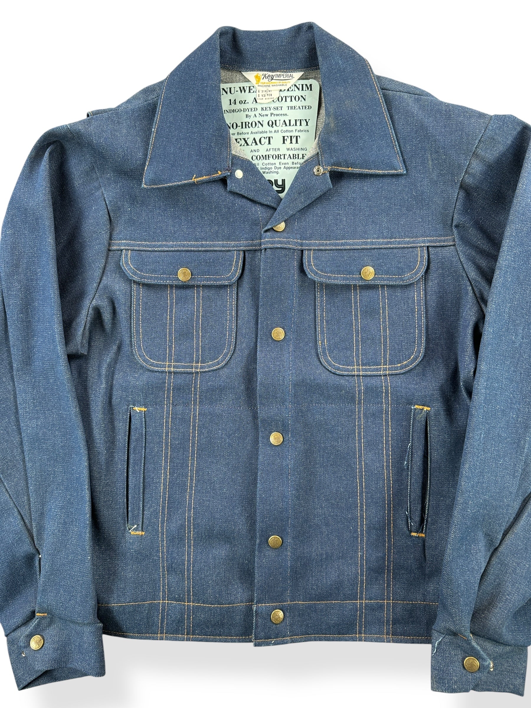 Front Close Up of Vintage Deadstock 70s Key Denim Jacket SZ 42