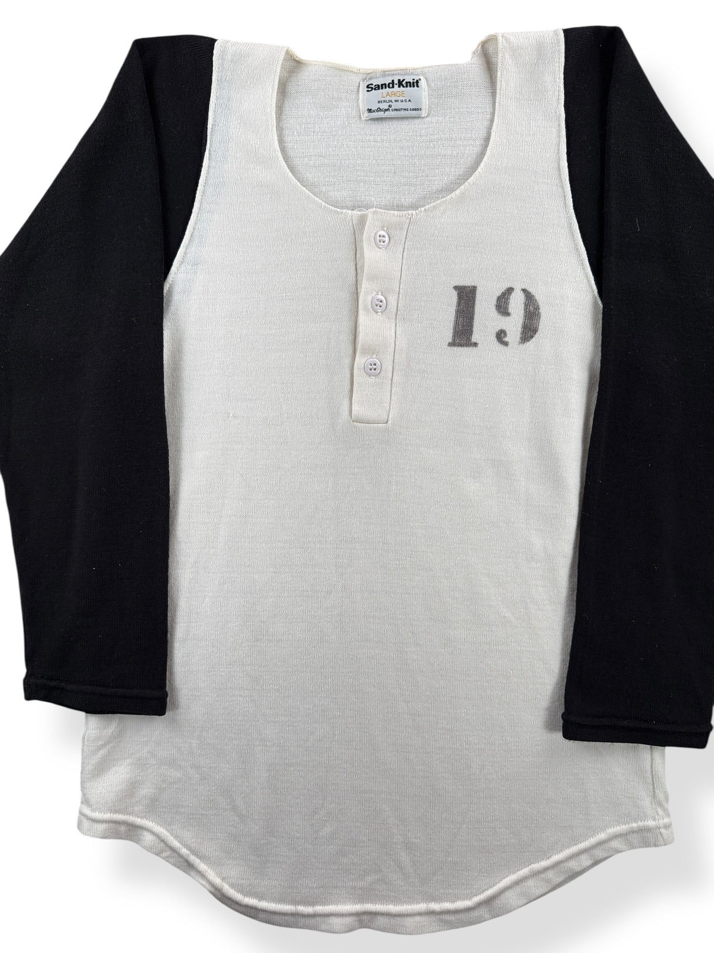 Front Close Up of Vintage Stenciled Henley SZ L (Fits M)