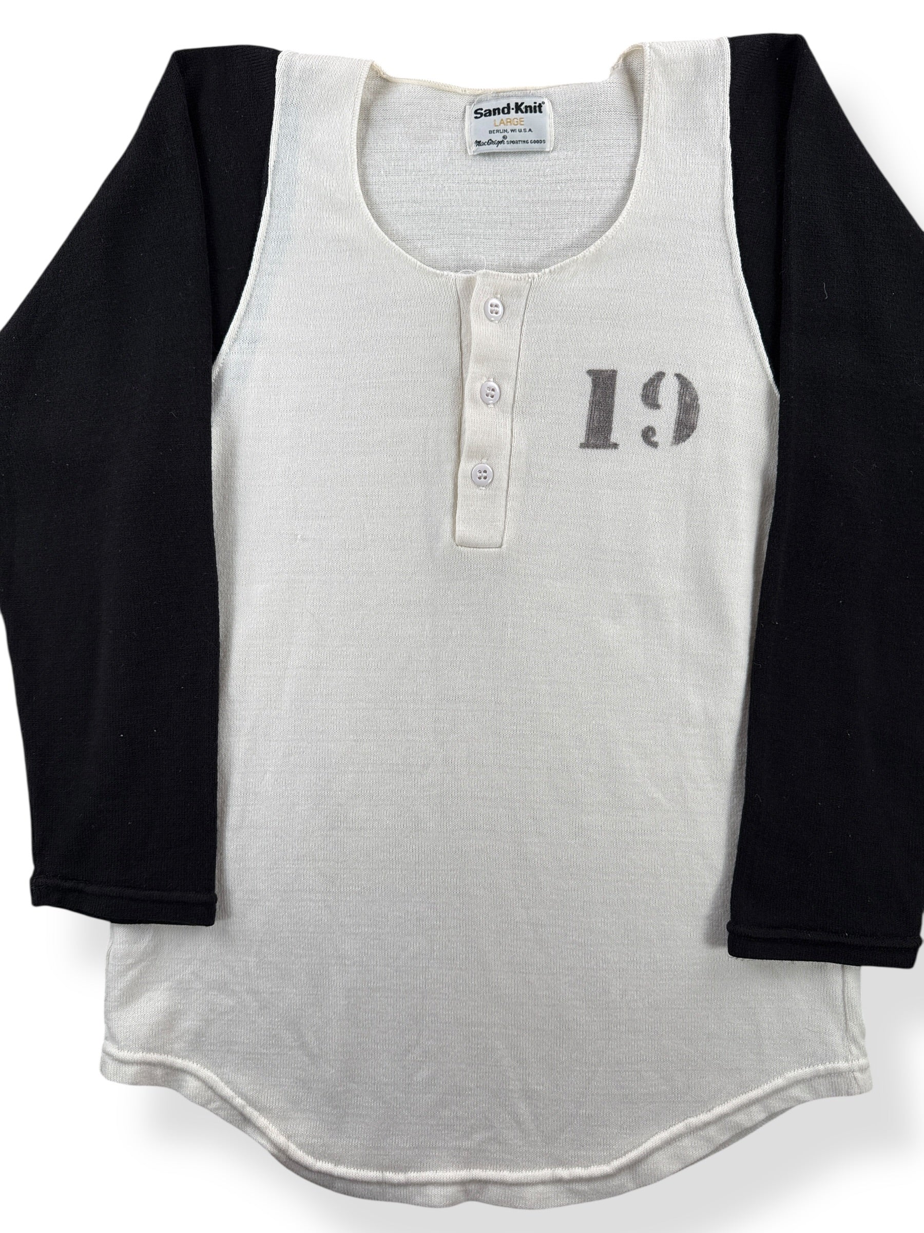 Front Close Up of Vintage Stenciled Henley SZ L (Fits M)