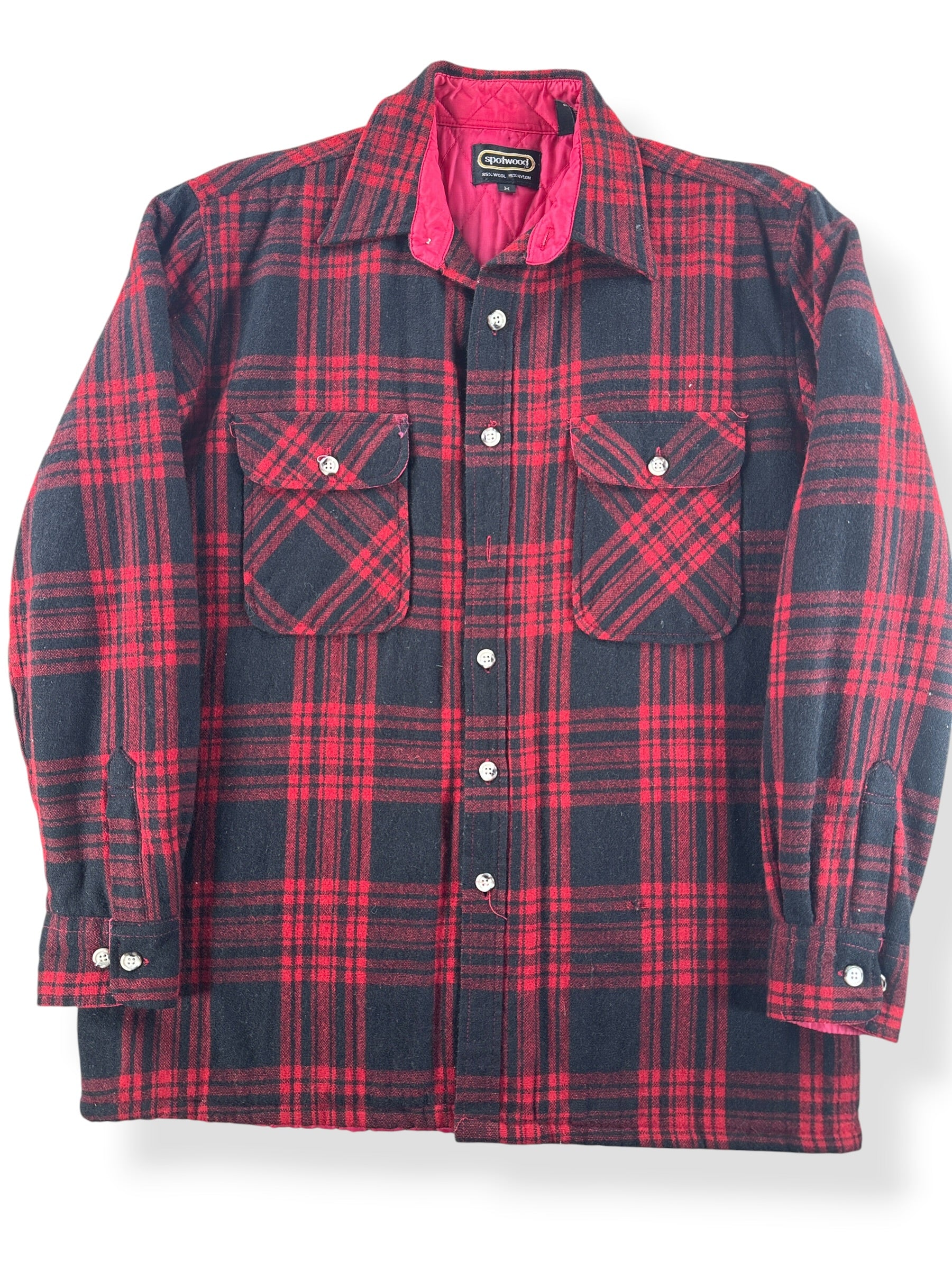 Front Close Up of Vintage Quilted Lined Wool Flannel SZ M