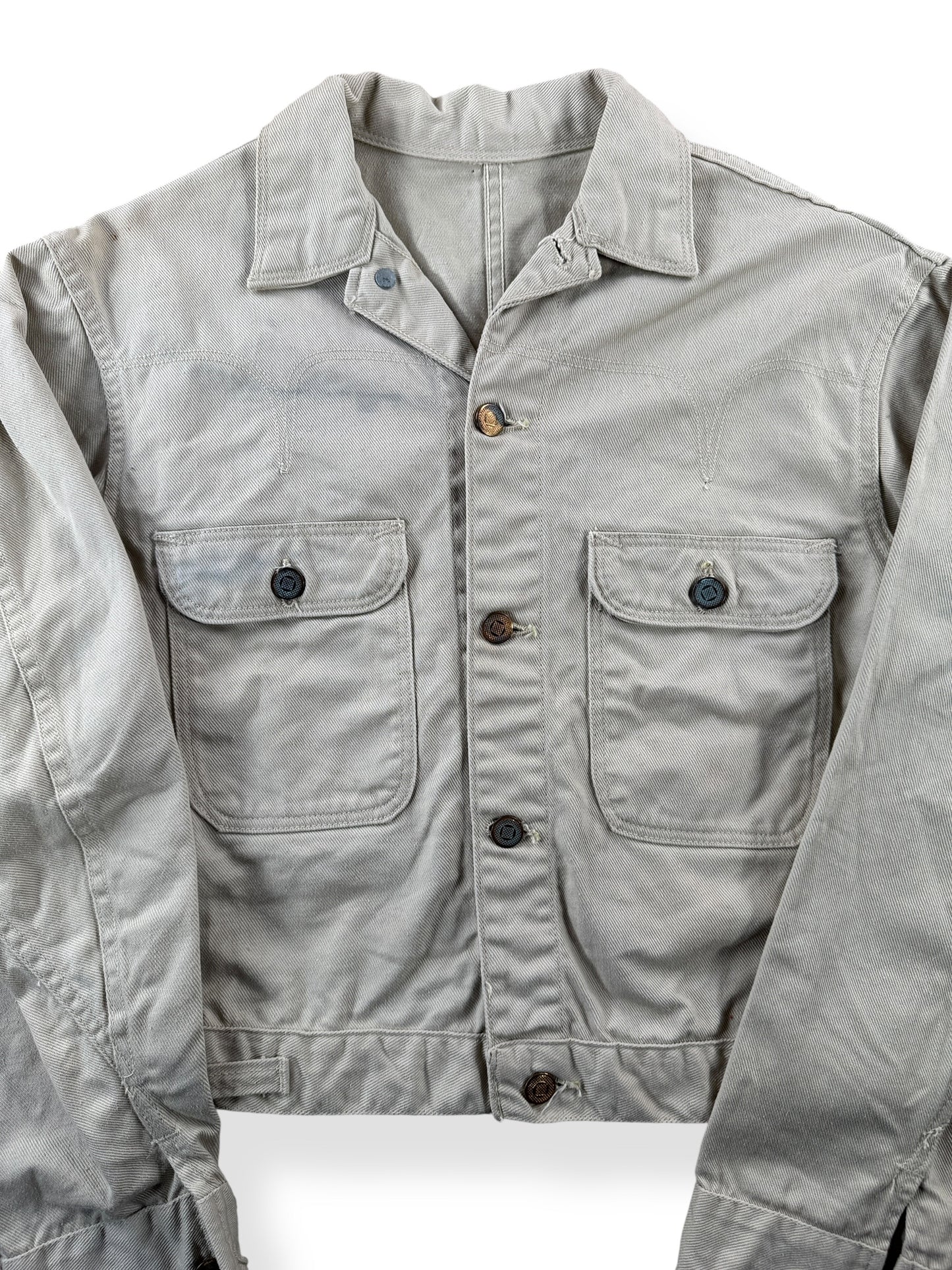 Front Close Up of Vintage Light Wash Key Denim Jacket SZ S