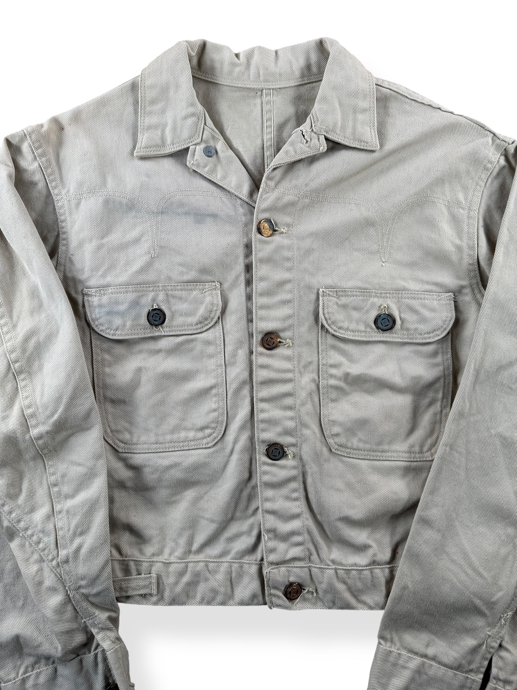 Front Close Up of Vintage Light Wash Key Denim Jacket SZ S