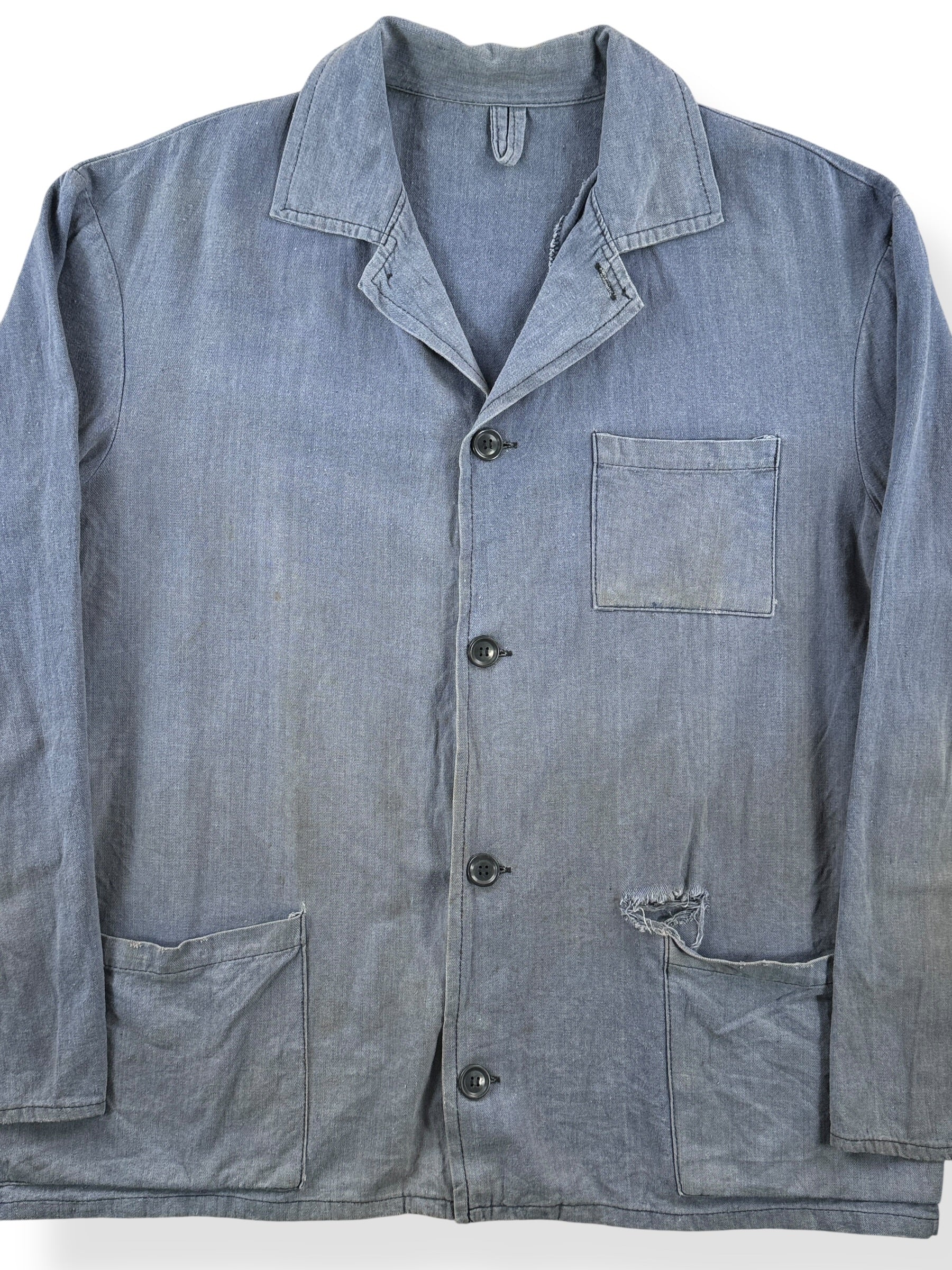 Front Close Up of Vintage Faded And Distressed French Chore Coat SZ L