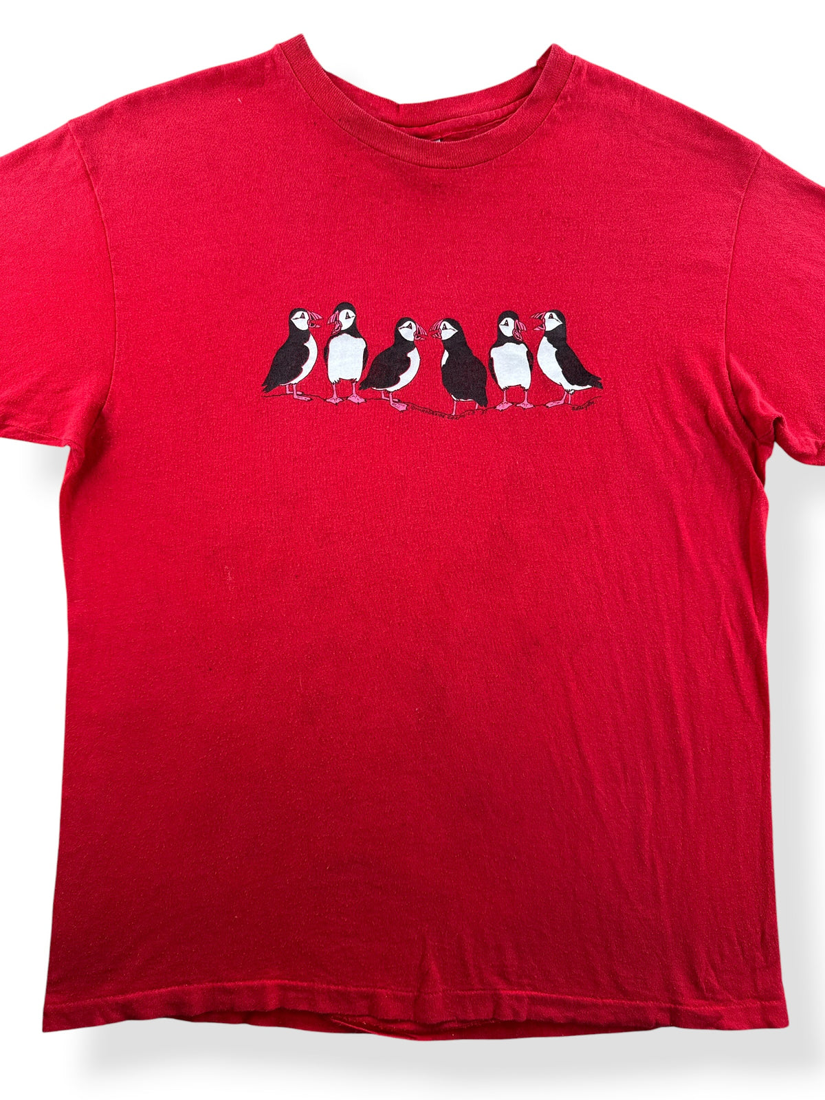 Close-up of Vintage 80s Red Puffin tee SZ L (Fits M)