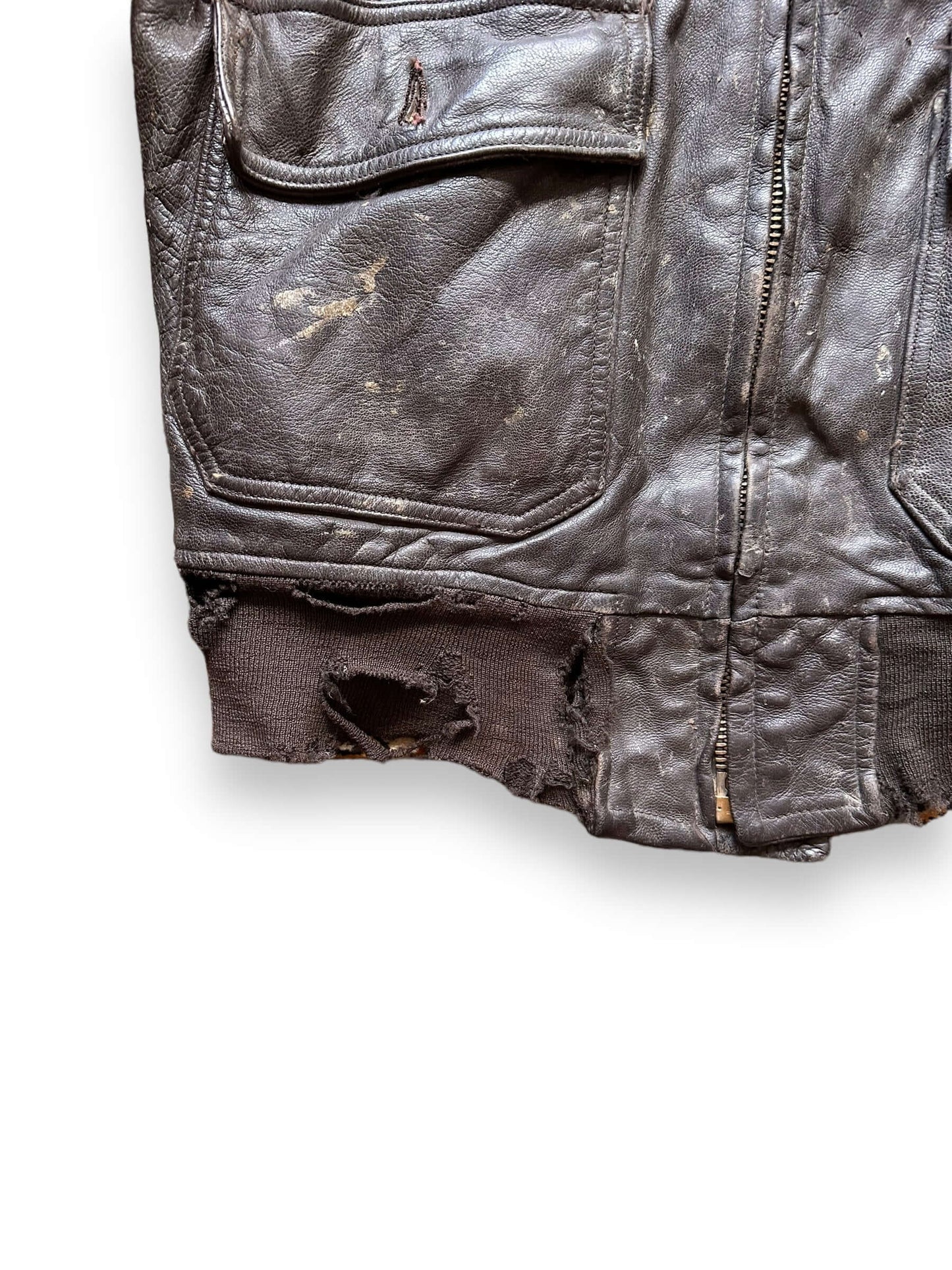 Holes in Banding on Lower Right View of Vintage 60's Era Distressed G-1 Leather Jacket SZ 40 |  Vintage Leather Jackets Seattle