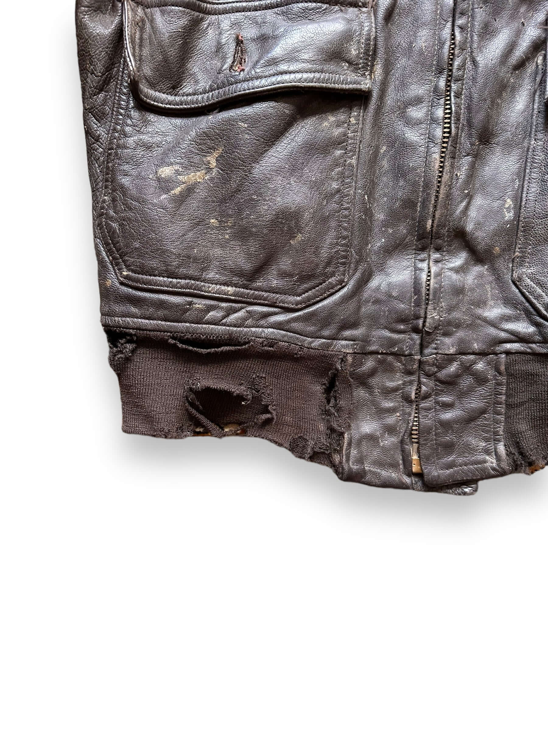 Holes in Banding on Lower Right View of Vintage 60's Era Distressed G-1 Leather Jacket SZ 40 |  Vintage Leather Jackets Seattle