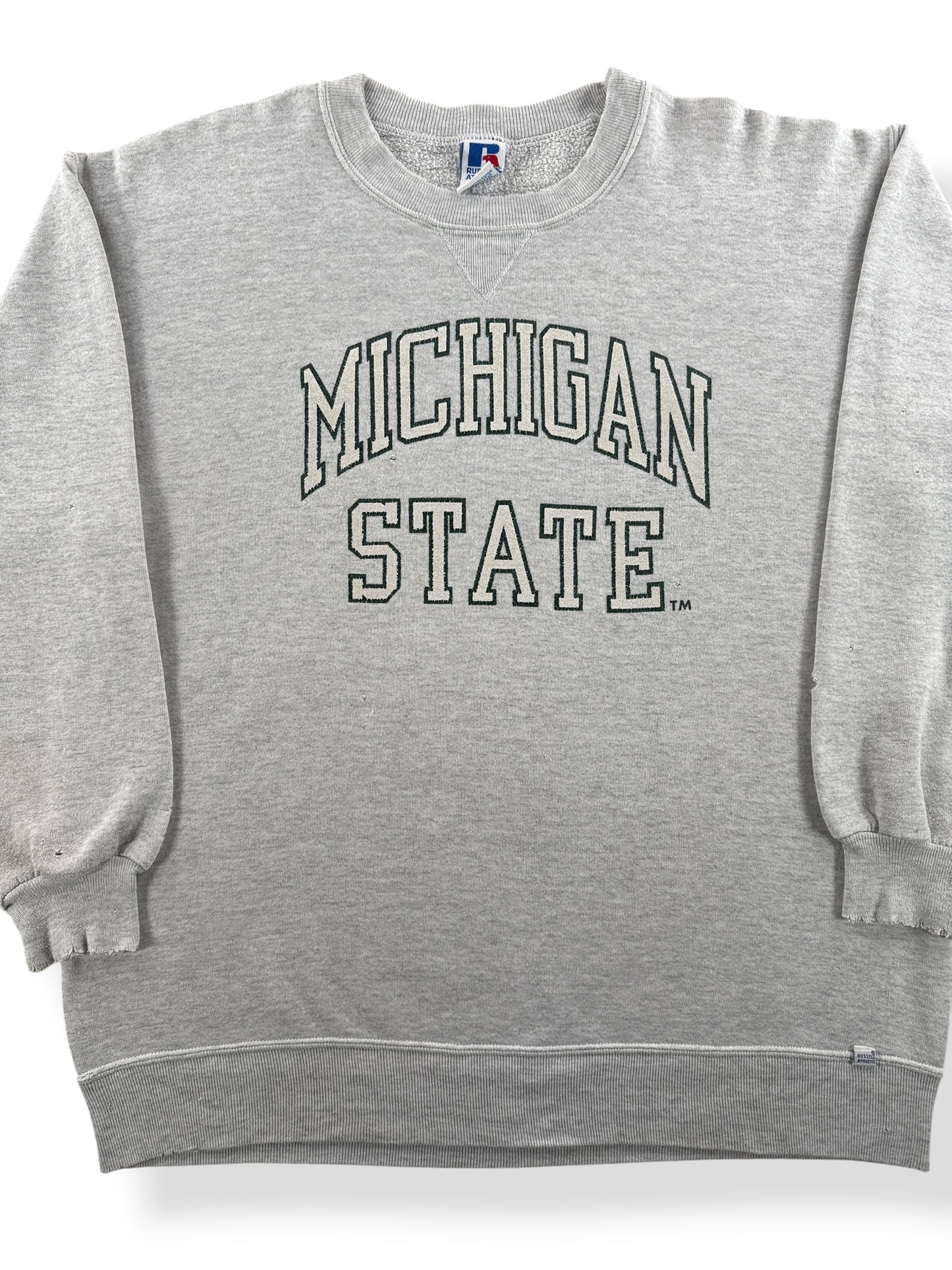 Front Close Up of Vintage Thrashed Michigan State Crewneck SZ XXL (Fits L)