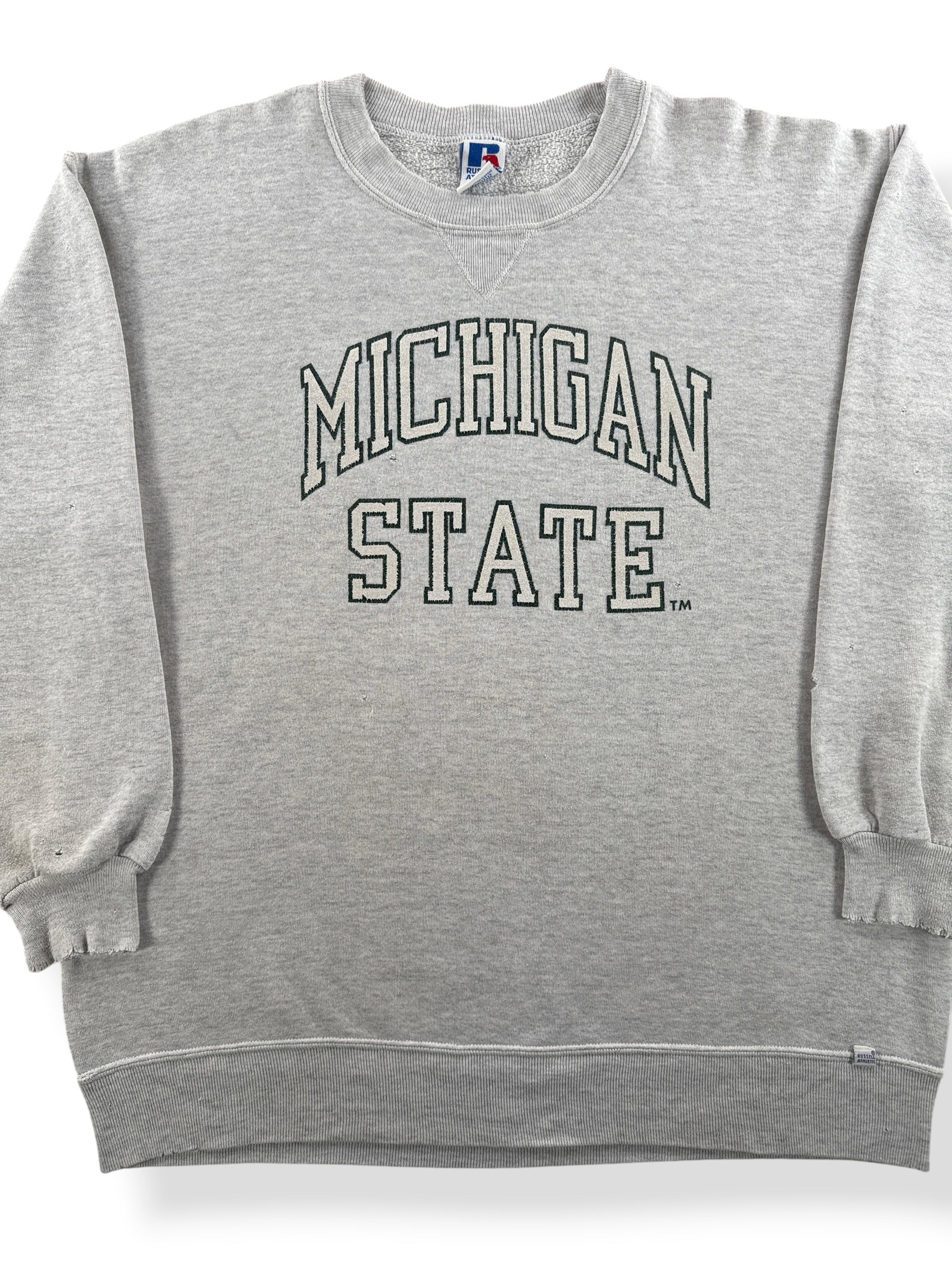 Front Close Up of Vintage Thrashed Michigan State Crewneck SZ XXL (Fits L)