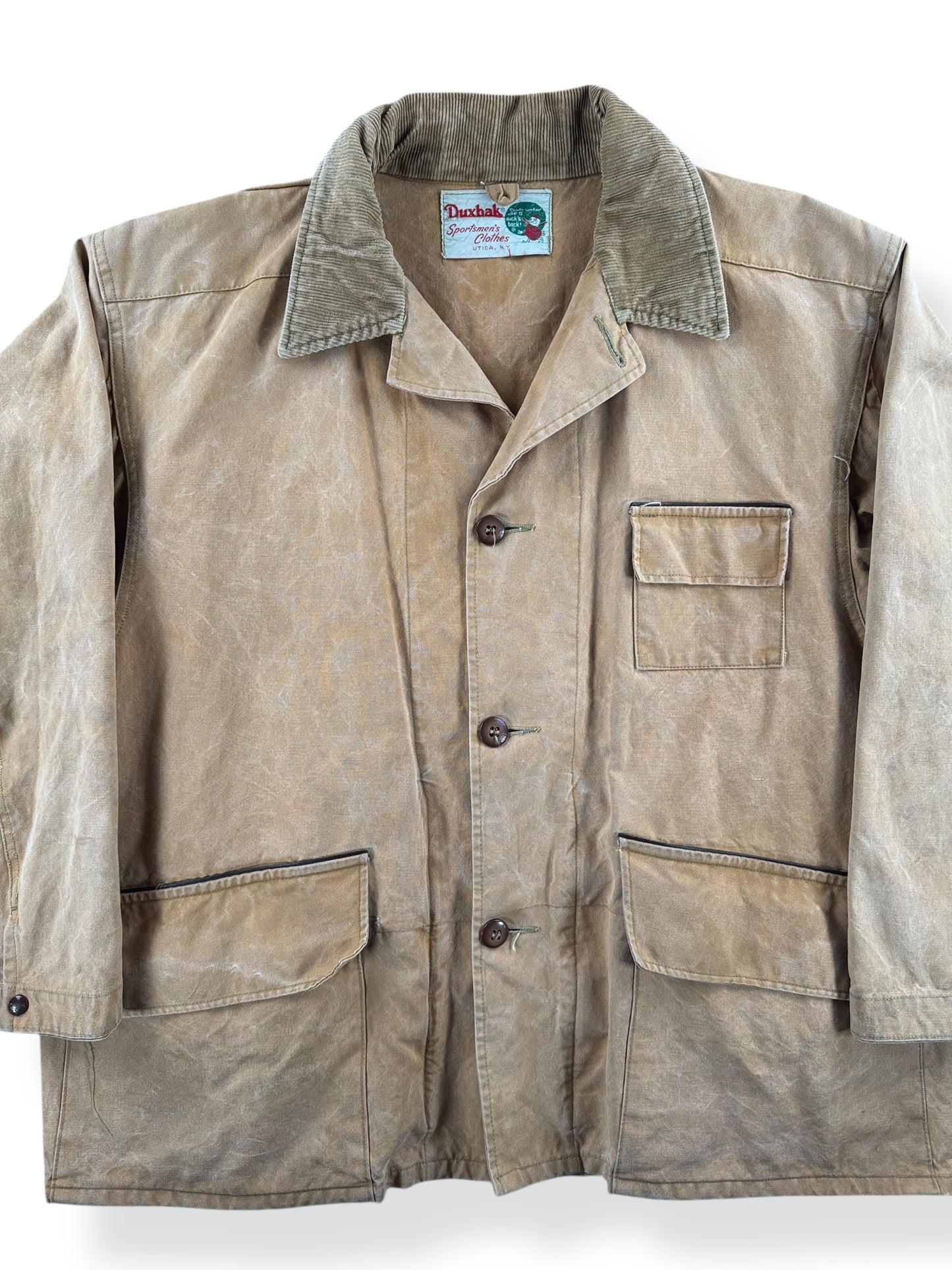 Front Close Up of Vintage 40s Era Duxbak Hunting Jacket SZ XL