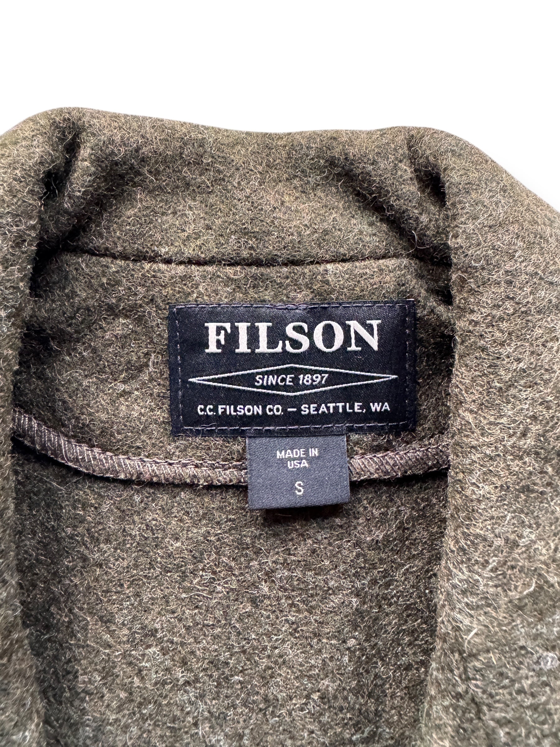 Tag on Filson Mackinaw Wool Forest Green Western Vest SZ S