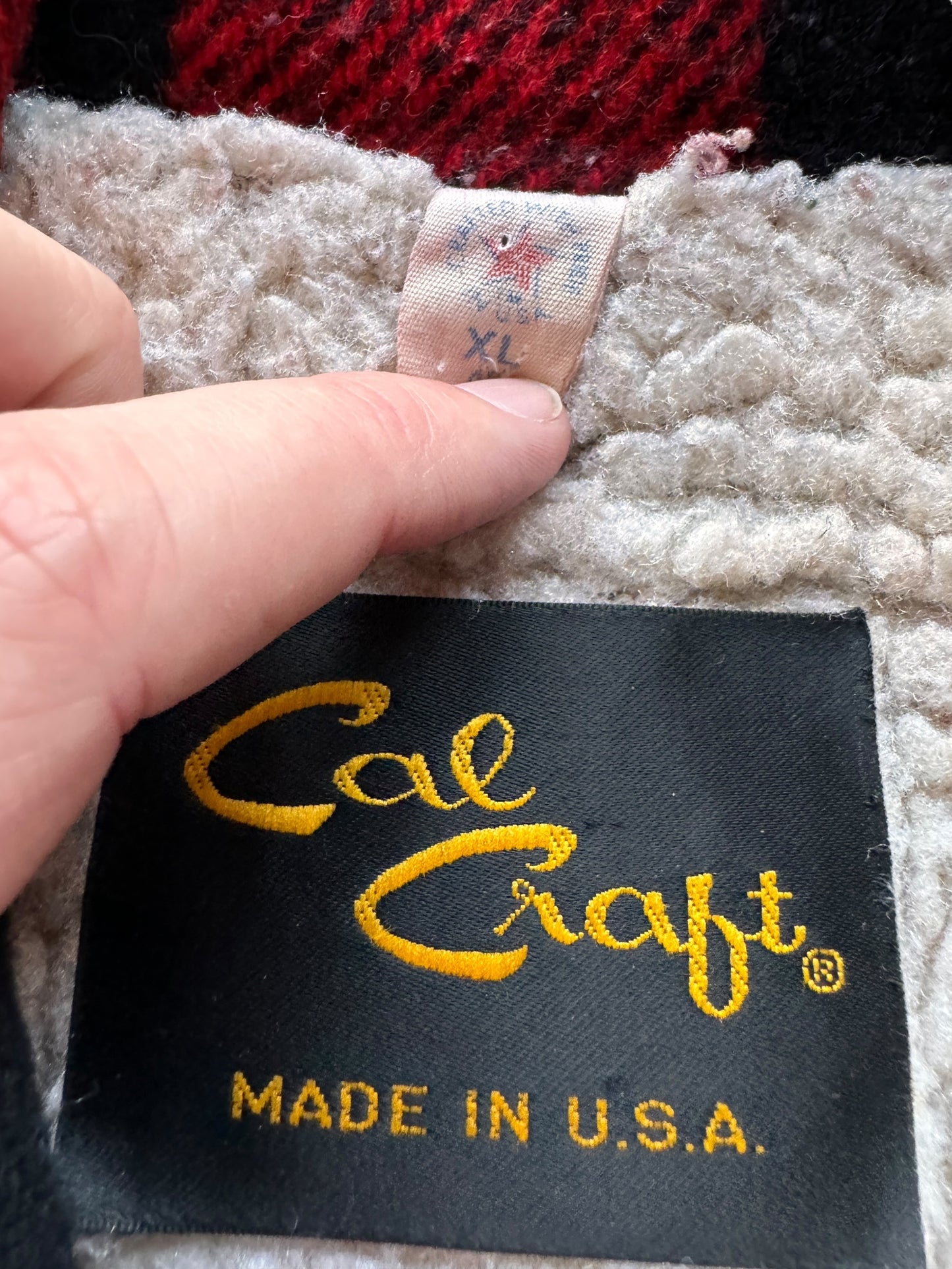 tag on Vintage Cal Craft Fleece Lined Buffalo Plaid Jacket SZ XL