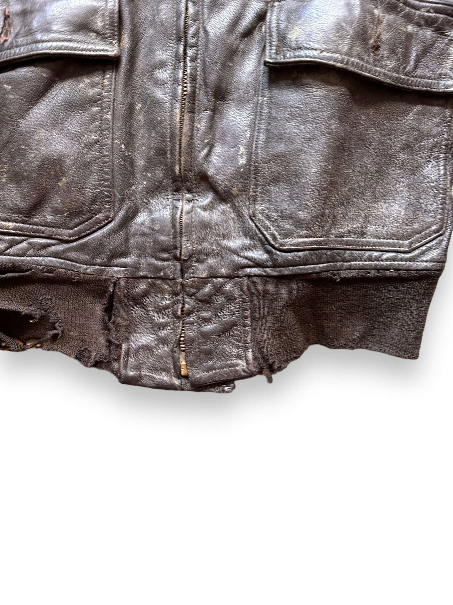 Lower Front View of Vintage 60's Era Distressed G-1 Leather Jacket SZ 40 |  Vintage Leather Jackets Seattle