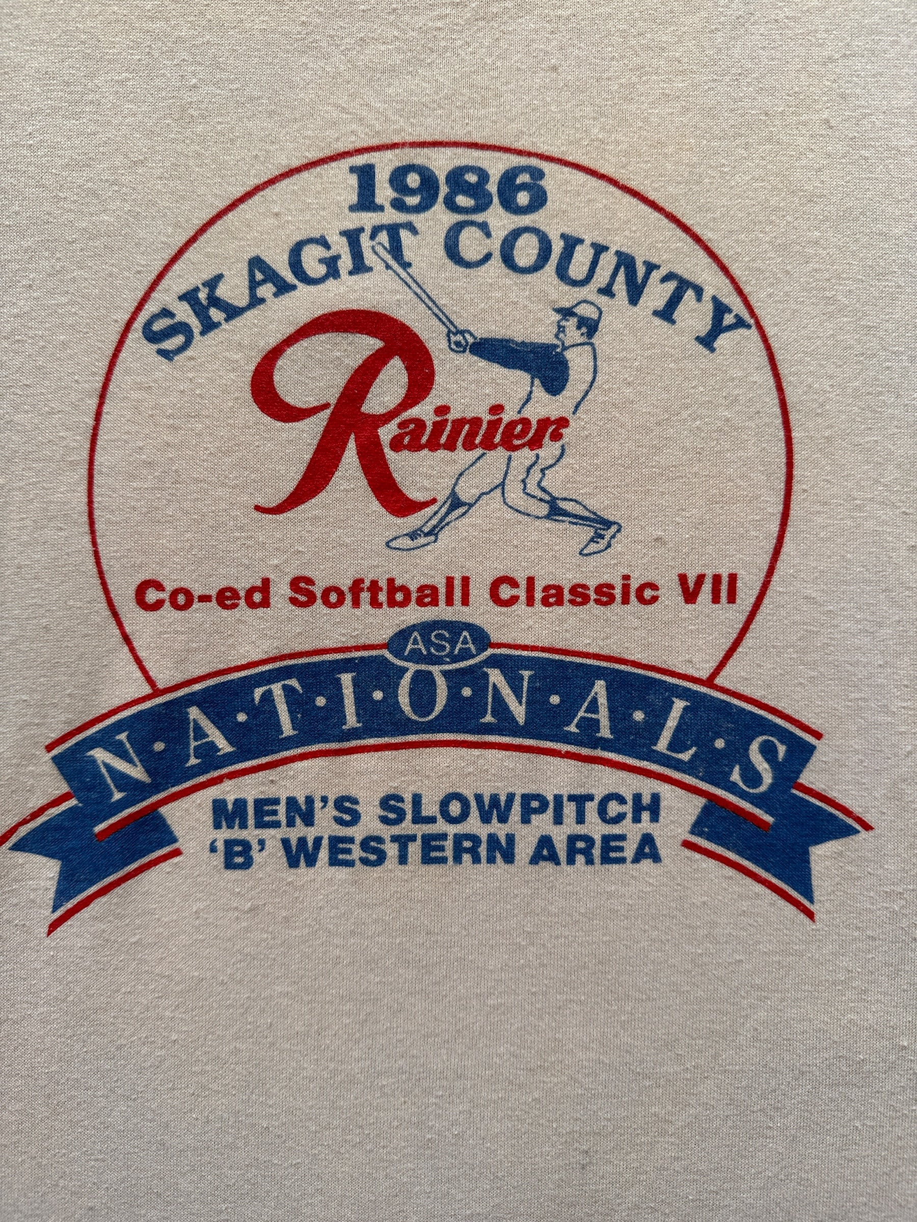 front graphic of Vintage Rainier Softball Tee SZ XL