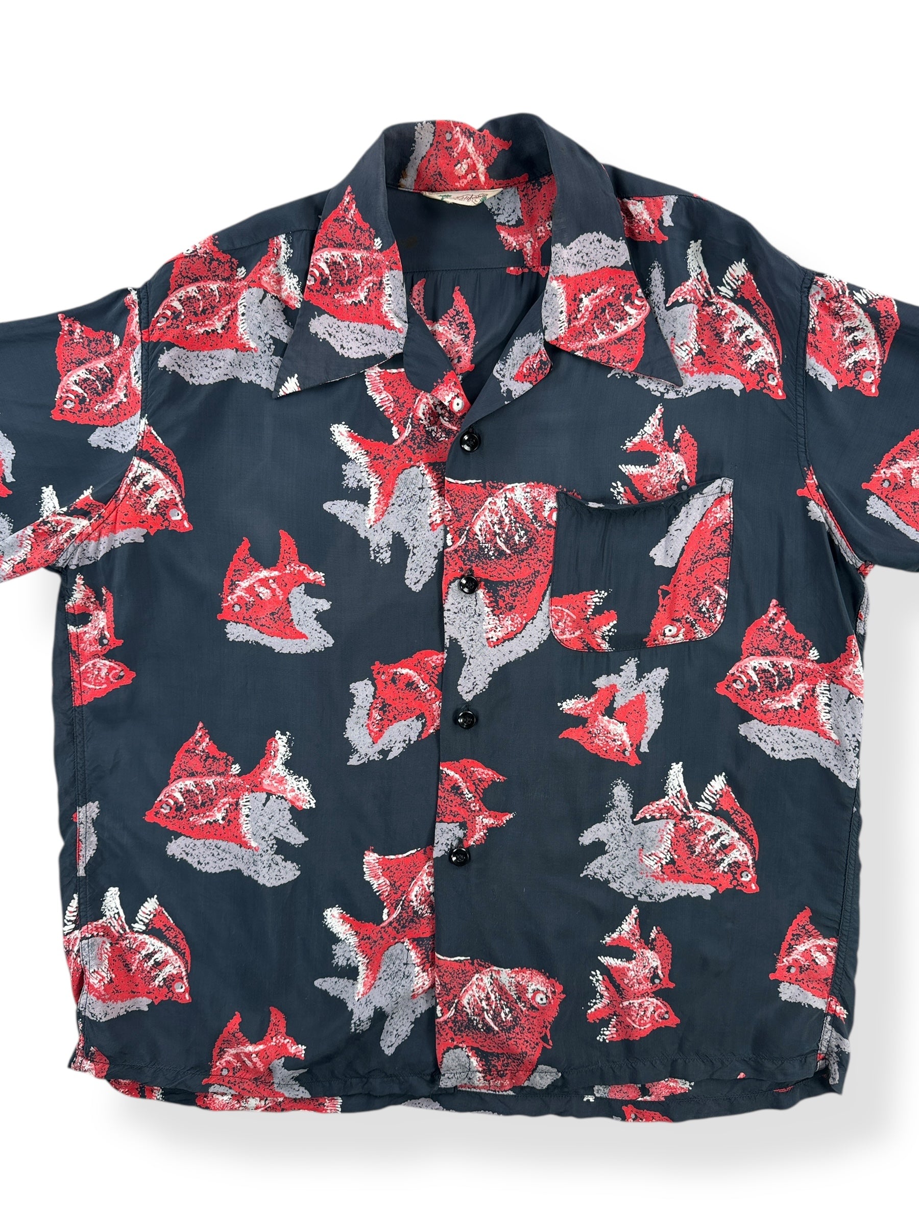 Front Close Up of Vintage Made in California Fish Pattern Aloha Shirt SZ L AS IS