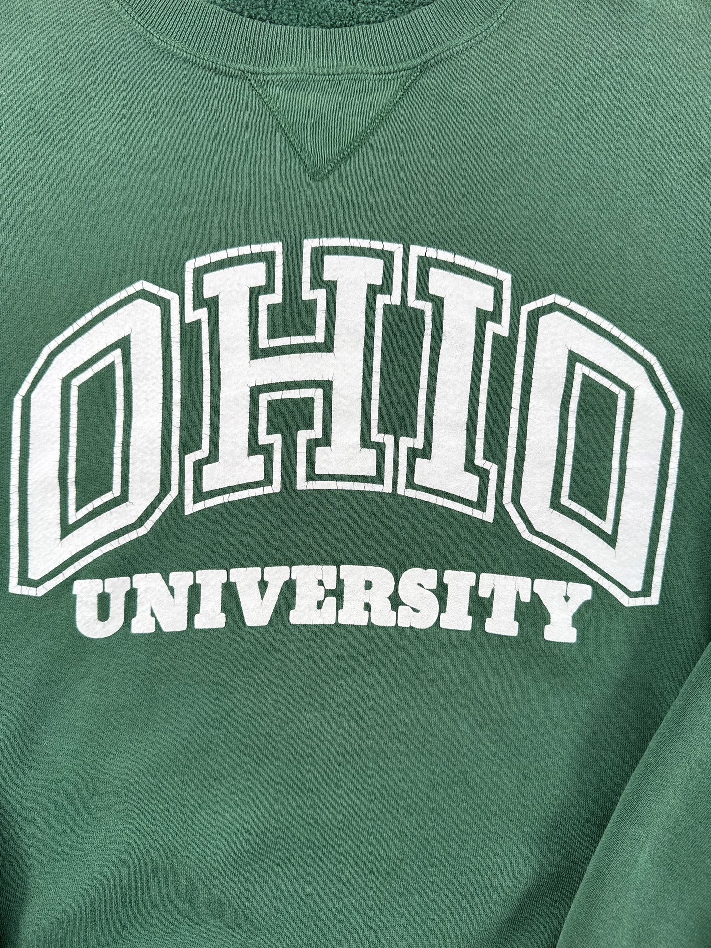 Front graphic on Vintage Russell Athletic Forest Green Ohio Crewneck SZ L