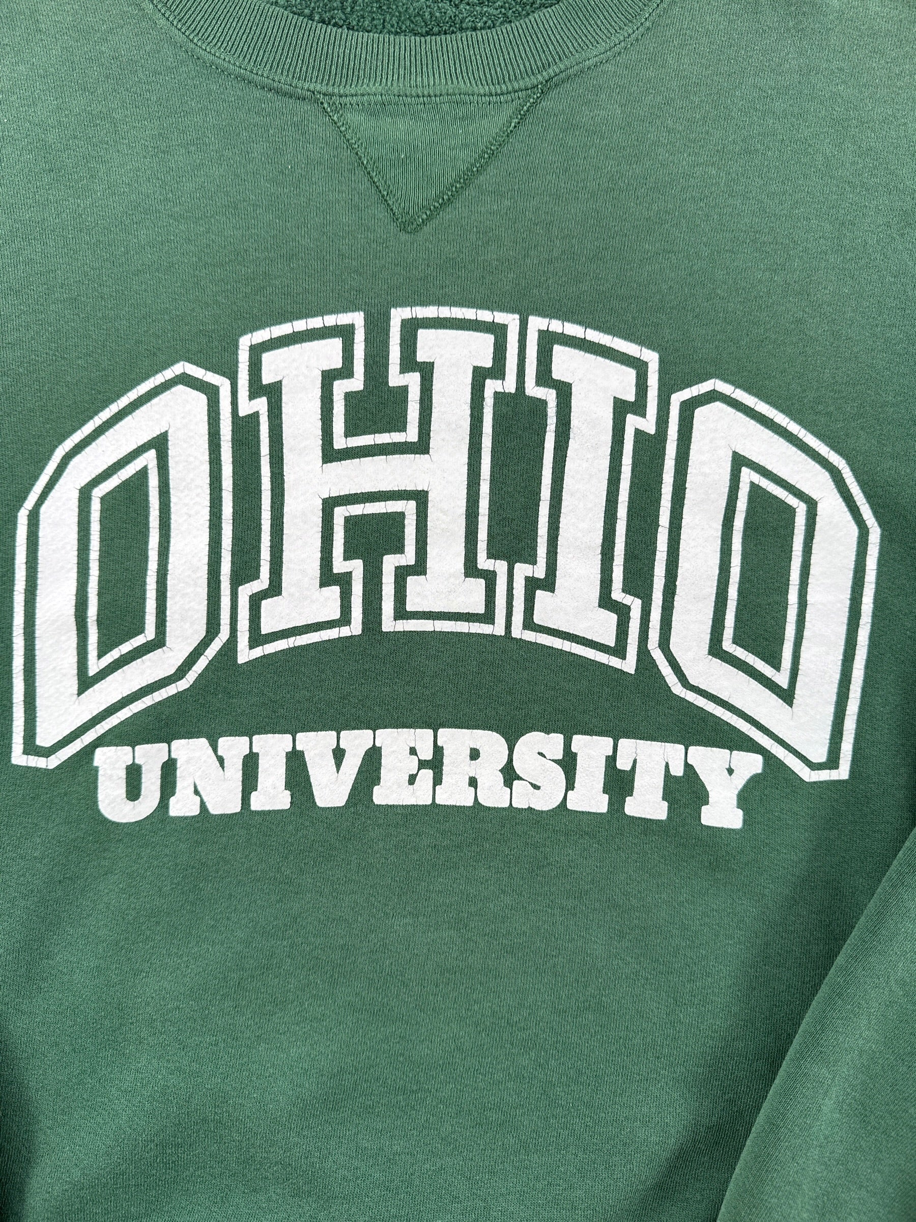 Front graphic on Vintage Russell Athletic Forest Green Ohio Crewneck SZ L