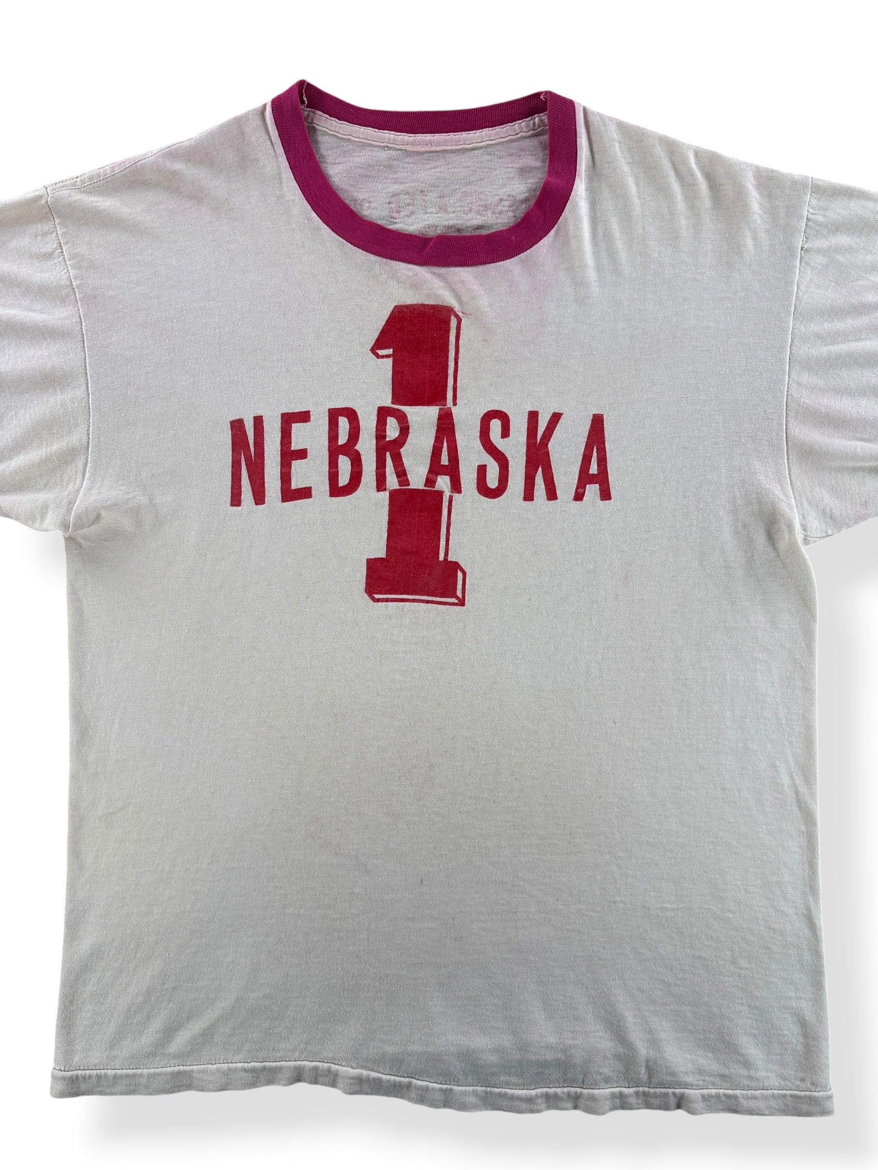 Front Close Up of Vintage Nebraska 1 Ringer Tee SZ M
